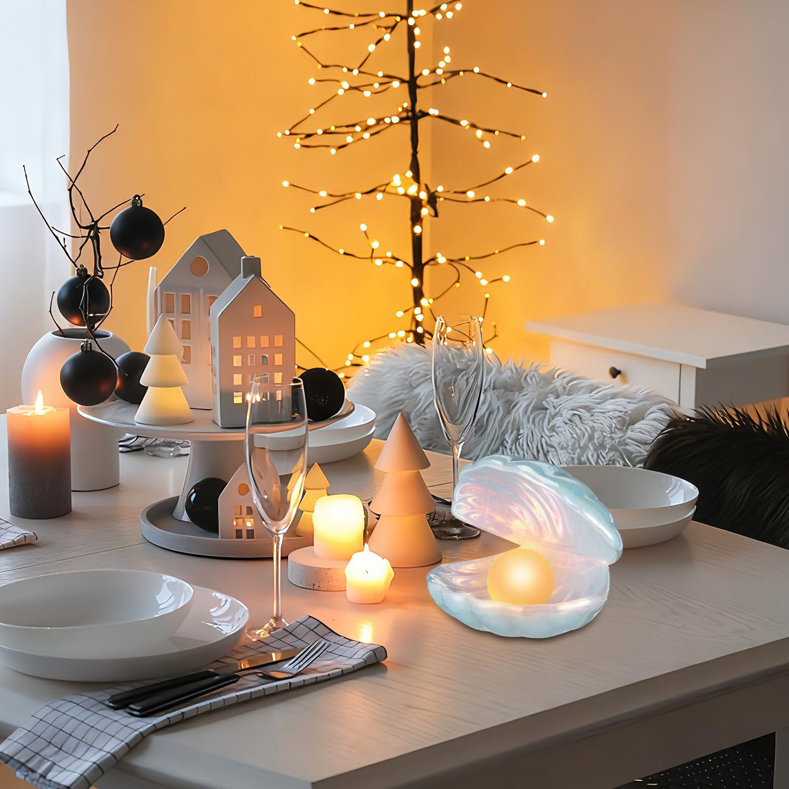 IMIKEYA Shell Pearl Light, LED Ceramic Pearl in Shell Night Light