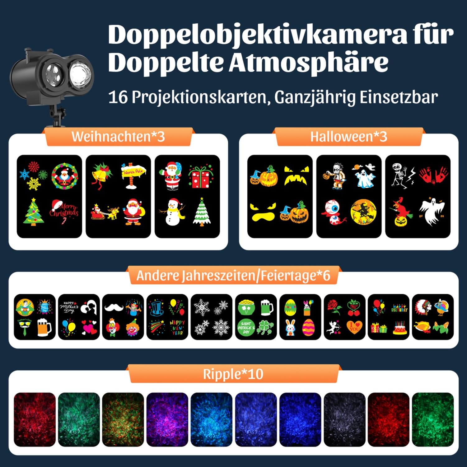 OUSFOT Projektor Weihnachten Aussen, 16 Folien, Halloween Projektor mit Fernbedienung und Timer-Funktion, Geeignet für Erntedankfest, Weihnachten, Neujahr, Partys