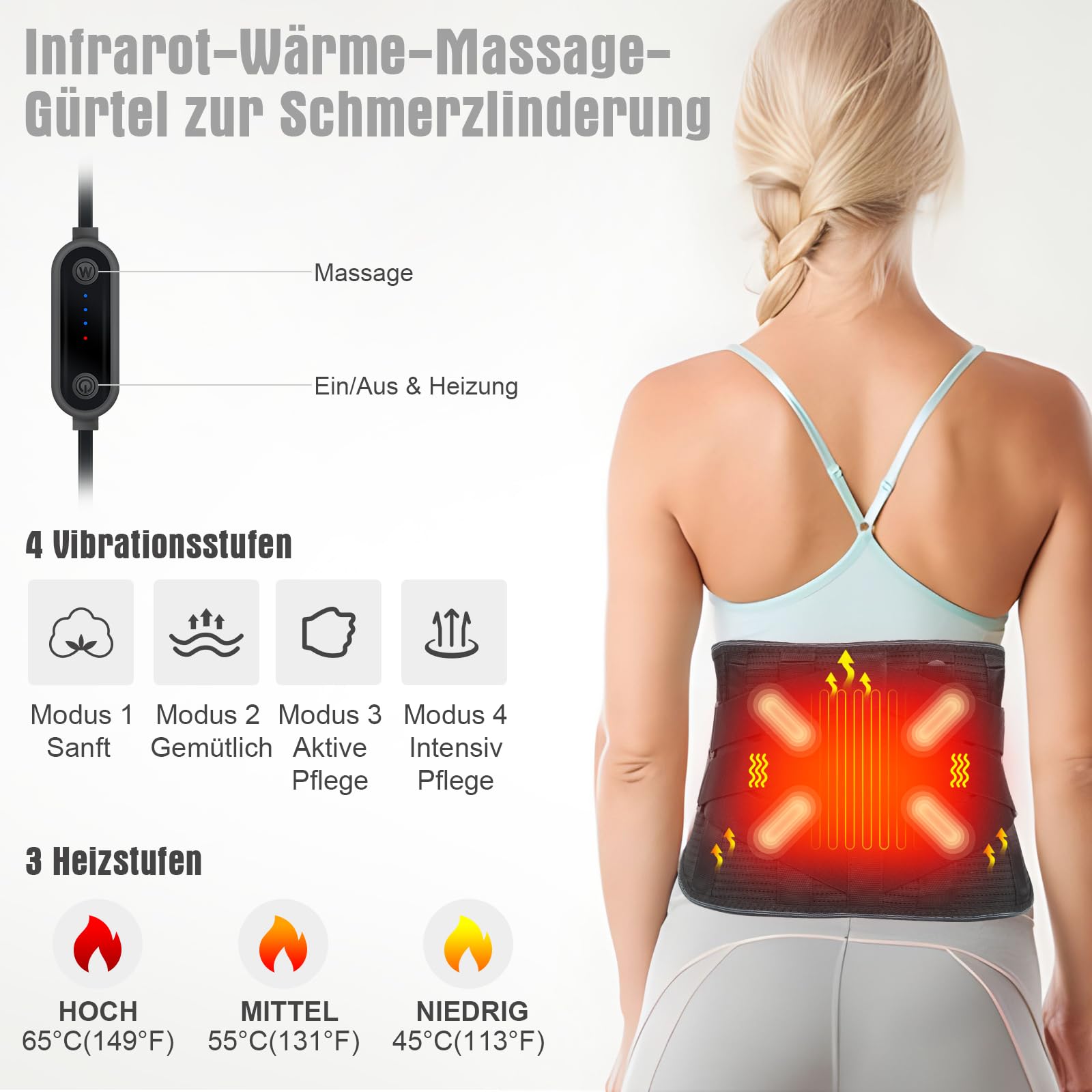 Beheizter Rückenstützgurt mit Massagefunktion – Wiederaufladbare Heizauflage für den Rückenbereich, XL