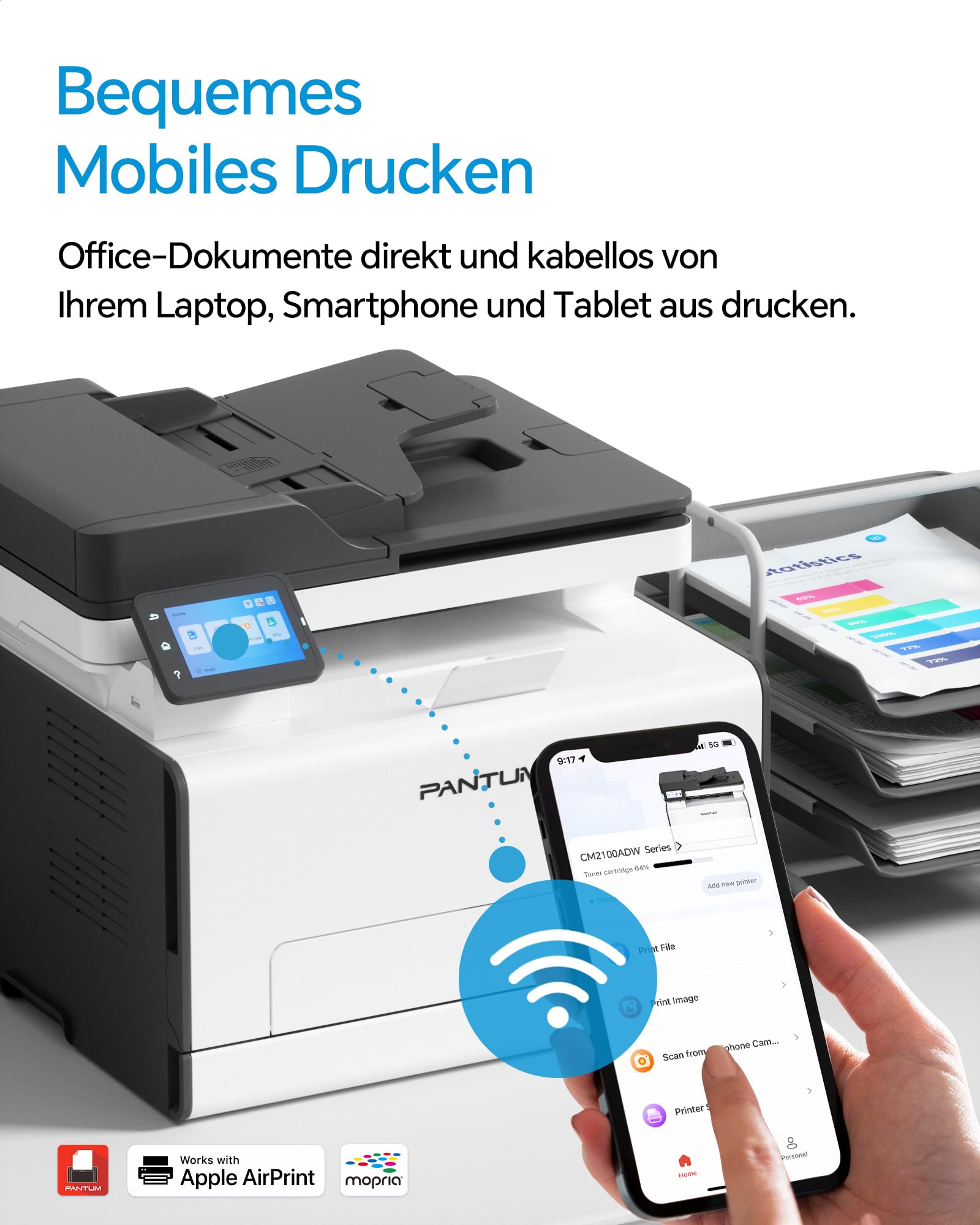 PANTUM CM2100ADW Farblaserdrucker Multifunktionsgerät, Drucker Scanner Kopierer 3in1 mit ADF, WLAN, Ethernet, USB, Automatischer Duplexdruck, 20ppm (Upgrade-Version)