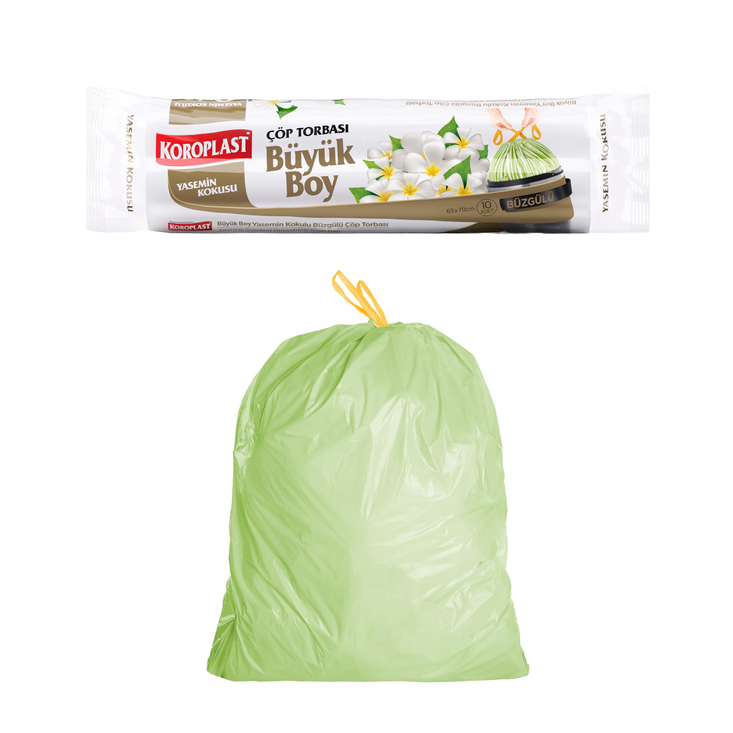 Koroplast Yasemin Kokulu Büyük Boy Büzgülü Çöp Poşeti 10'lu 65x67 cm, Kolay Bağlanır Kokulu Büzgülü Büyük Boy Çöp Torbası, Sızdırmaz, Yırtılmaz, Geri Dönüştürülebilir Atık Torbası, Güçlü Çöp Poşeti