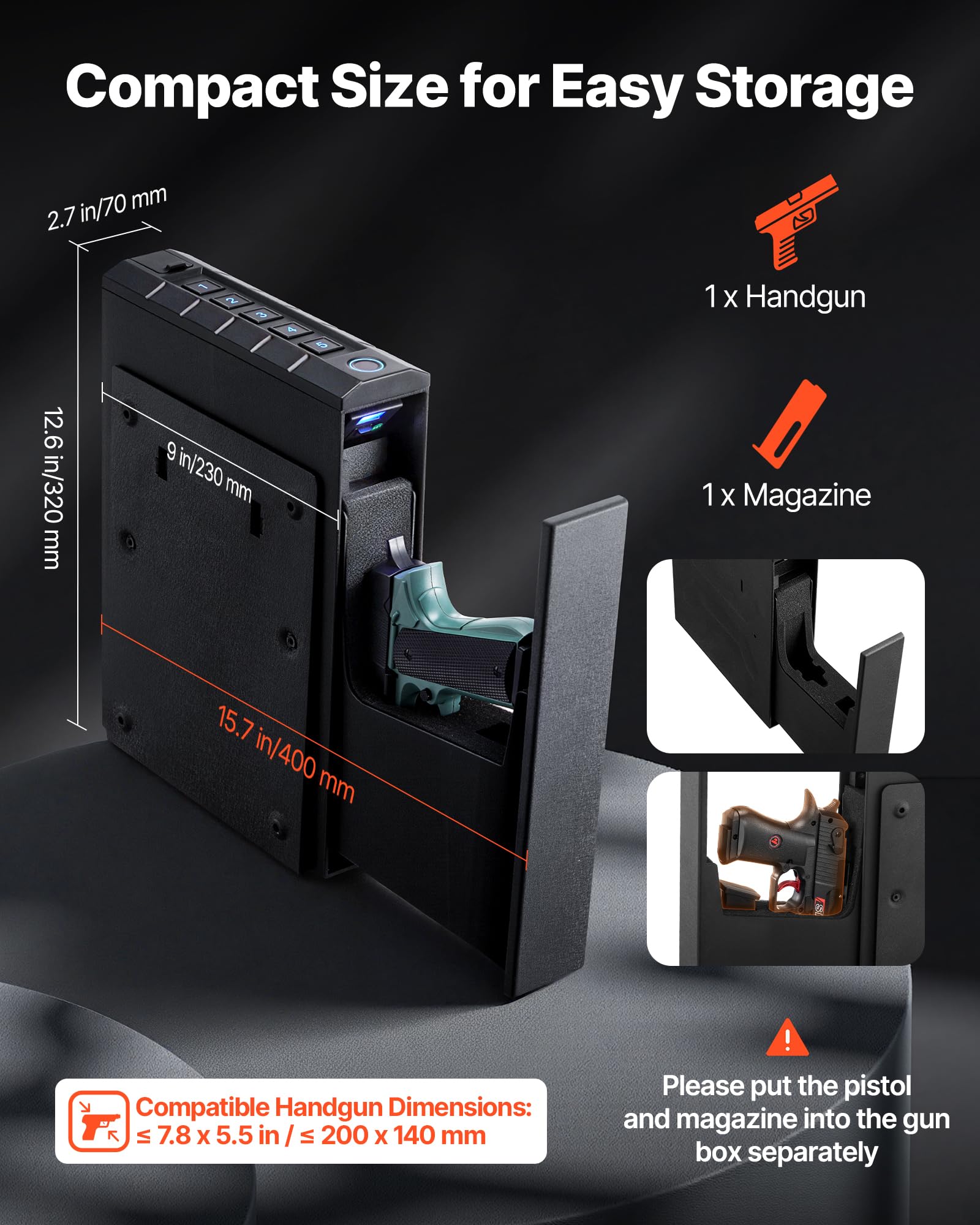 VEVOR Caja Fuerte para Pistolas, Control Deslizante, 3 Formas de Acceso: Huella Dactilar, Contraseña, Llave, Capacidad 1 Pistola 1 Cargador, Negro