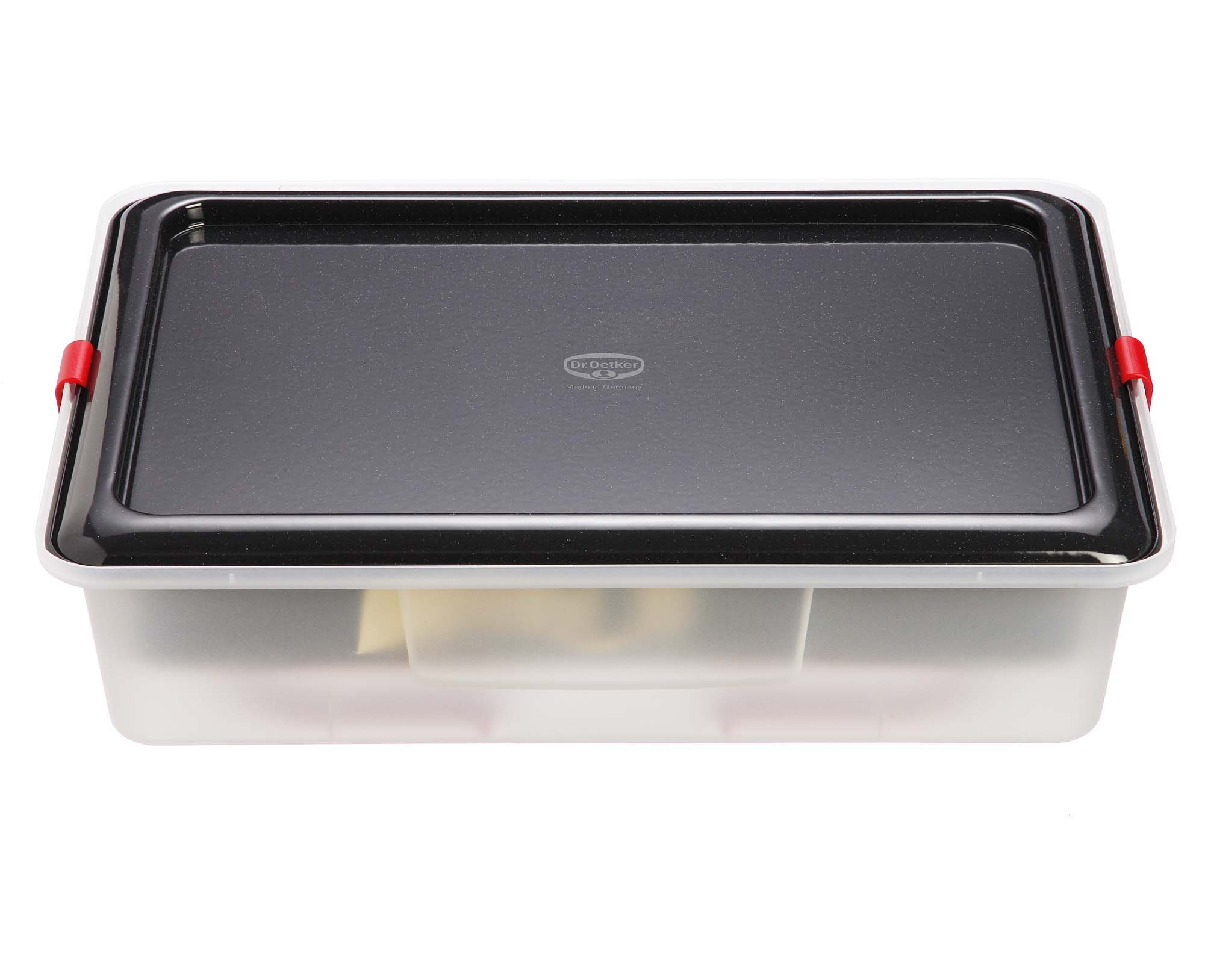 Dr. Oetker Rechteck-Springform mit Haube 38 x 25 cm Emaille, eckiges Kuchenblech, 1 Stück & Bake & Go Springform Ø 26 cm mit Transporthaube Kuchentransportbox mit Antihafteigenschaften, 1 Stück
