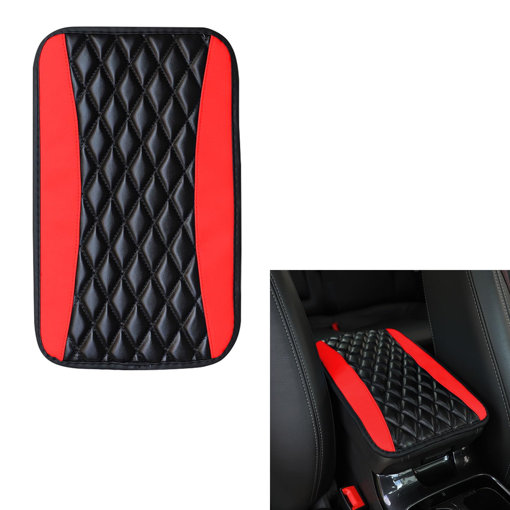 CHRYMUM Car Center Console Cushion Pad, Car Armrest Waterproof Non Slip Interior Accessories, PU Leather Auto Armrest Cover Protector, Waterproof Armrest Seat Box Cover Protector for Most Cars (Red)