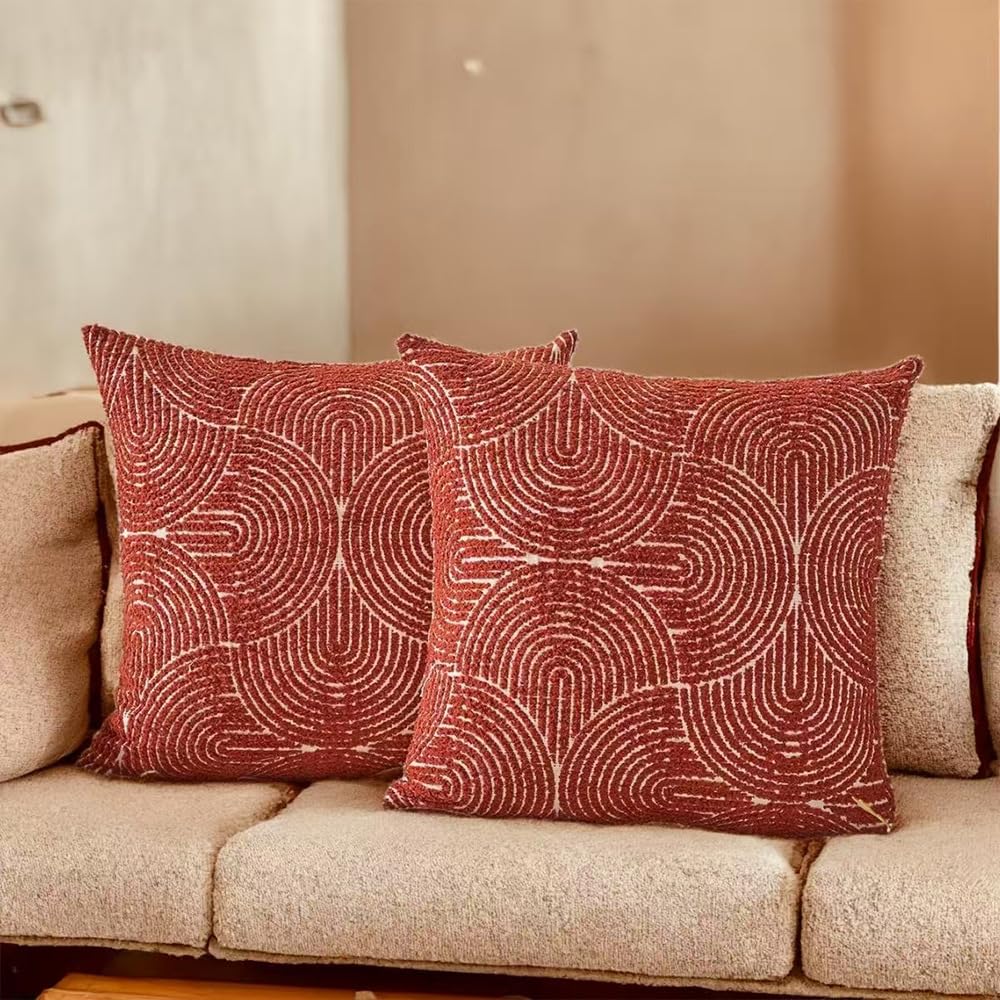 2 Pack Boho Chenille Throw Pillow Covers Jacquard Square Pillow Cases for Couch Sofa Bed Living Room, 18x18 Inch
