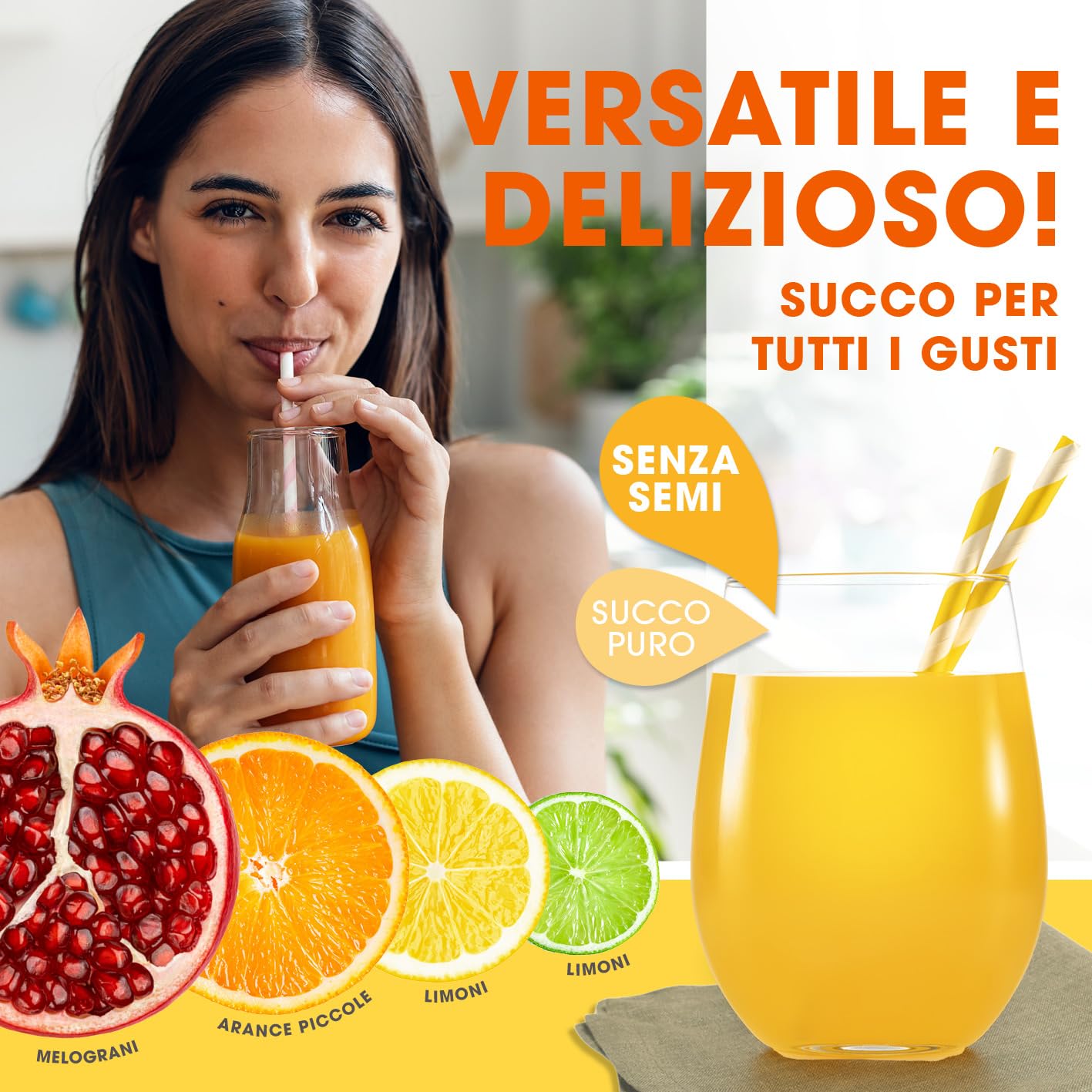 Lumaland Spremiagrumi in Acciaio Inox, di Alta qualità, Molto Silenzioso, Utilizzabile manualmente, Elegante spremiagrumi, esente da Manutenzione e Potente per Molto più succhi di Frutta, Basta