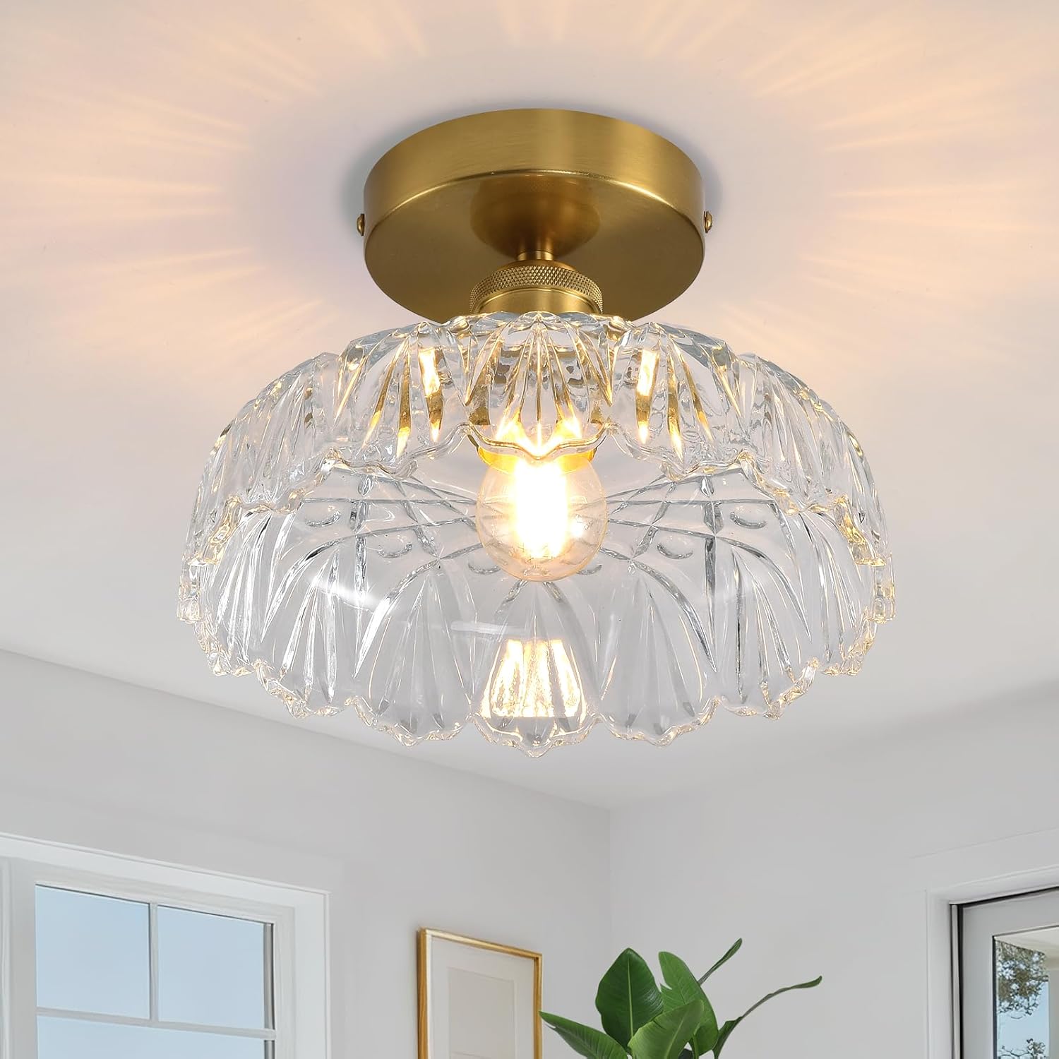 Semi Flush Mount Ceiling Light Mid Century Modern Floral Translucent Glass Shade, Close to Ceiling Lighting Fixtures for Bedroom, Bathroom, Kitchen, Closet Laundry Room, Foyer and Hallway 9.45 in