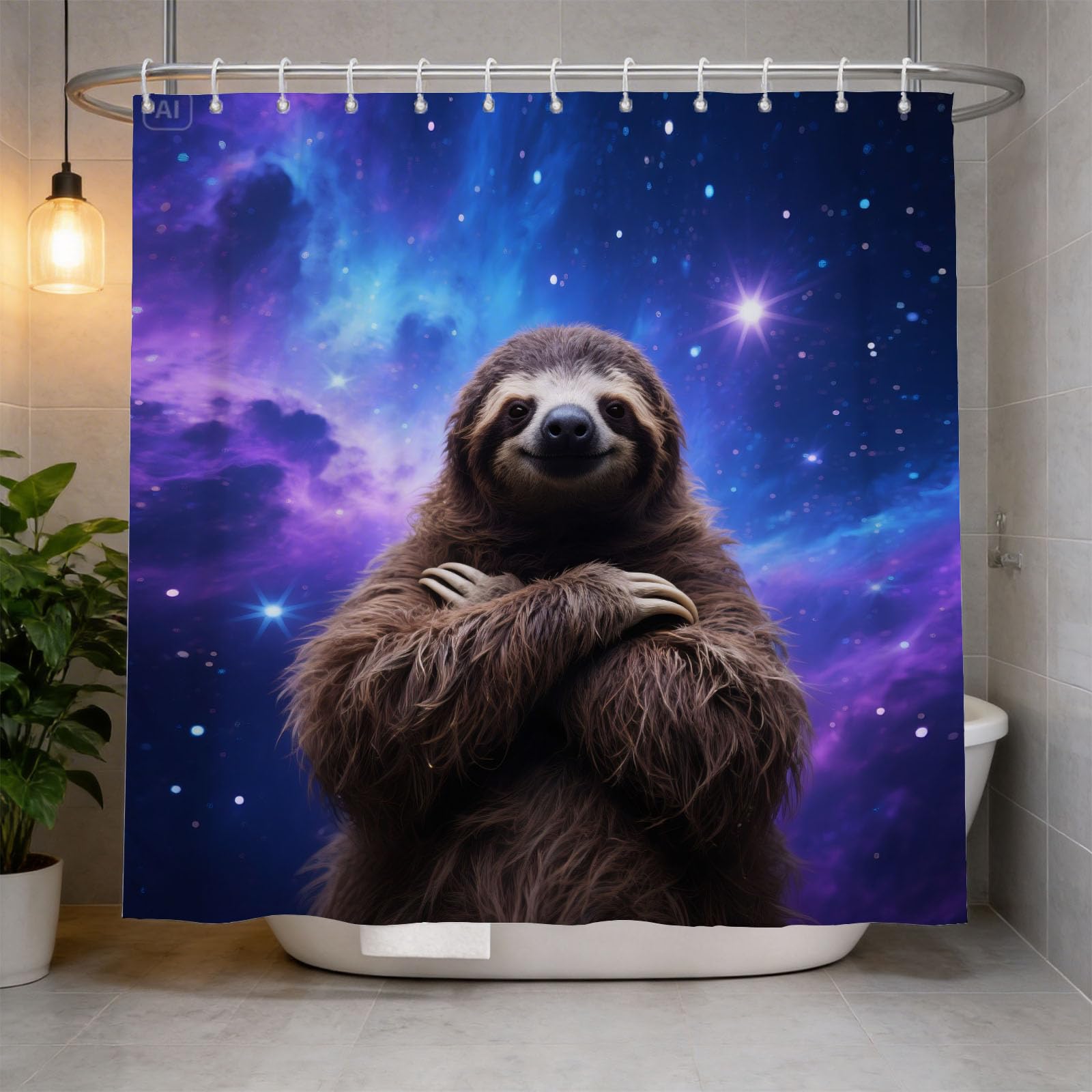 Hongduo 3D Sloth Shower Curtain for Stalls Bathtubs Glowing Cosmic Bathroom Decor Shower Curtain Set Polyester Fabric Waterproof 180x180cm/71X71 Inch with Hooks
