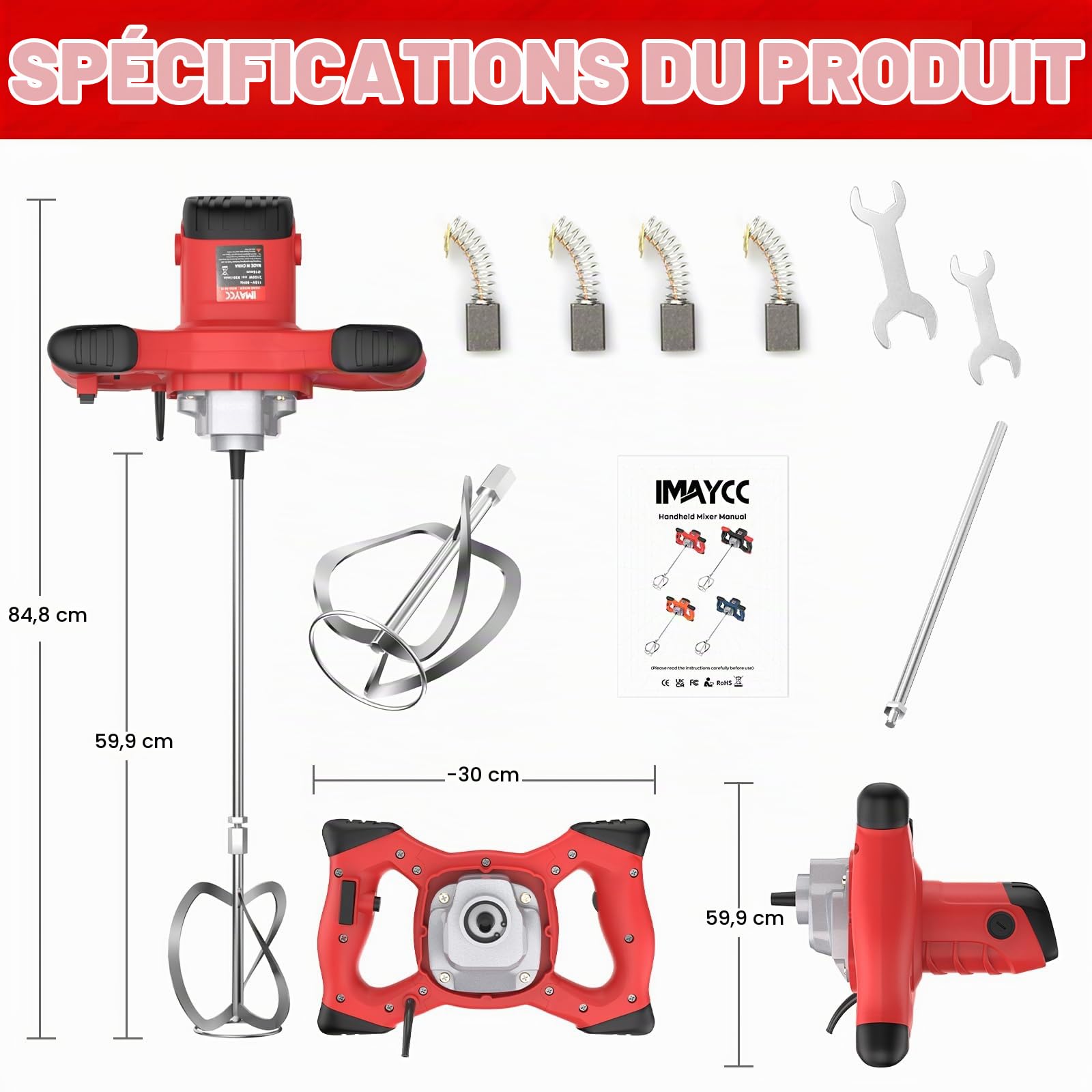 IMAYCC Malaxeur Mortier Colle 2100 W, Malaxeur Beton 220V, Melangeur Beton Avec 6 Vitesses, Betonniere Électrique, Idéal Pour Mélanger les Aliments, le Plâtre, la Peinture, le Ciment, le Mortier, Etc
