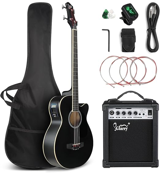 GLARRY Full Size Acoustic Electric Bass Guitar Beginner Kit w/ 15W Amp, Cutaway 4 Strings Electric Acoustic Bass Guitar w/Inbuilt Tuner, Bag, Strap, Picks, Strings, Bass Guitarra,Matte Black