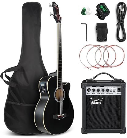 GLARRY Full Size Acoustic Electric Bass Guitar Beginner Kit w/ 15W Amp, Cutaway 4 Strings Electric Acoustic Bass Guitar w/Inbuilt Tuner, Bag, Strap, Picks, Strings, Bass Guitarra,Matte Black