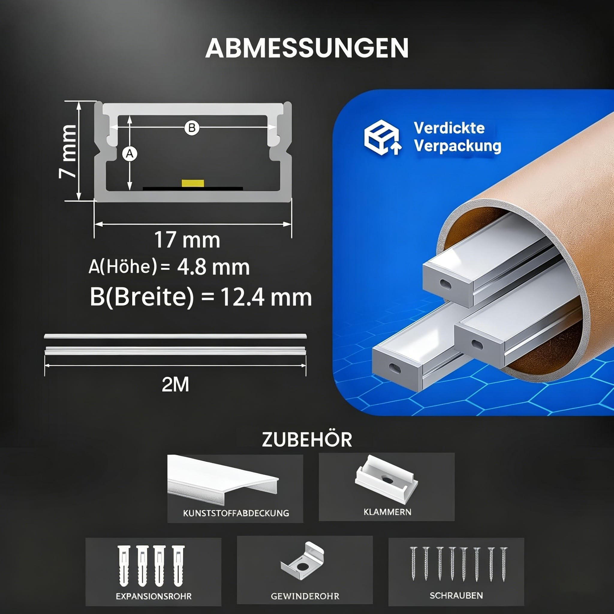 LED Profile, LED Rail, 6 x Profile 2 m, U-shaped Channel, Matte Cover, Maximum Size 17 mm, Dimensions 17 x 7 mm [Energy Class A]