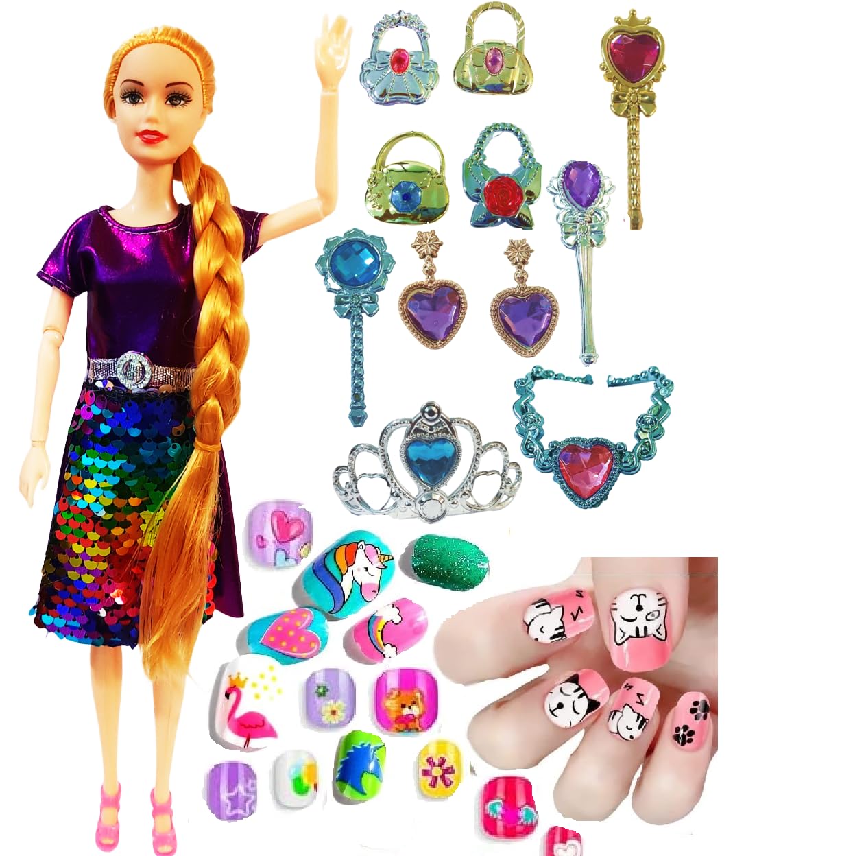 Amitasha Beautiful Long Hair Doll with Doll Shiney Sequence Dress, Accessory Jewellery, Magic Wand, Tiara, Fake Nails Set for Girls, Pretend & Play Set for Kids, Best Gift for Children (B0D8449BWR) Amazon Price History, Amazon Price Tracker