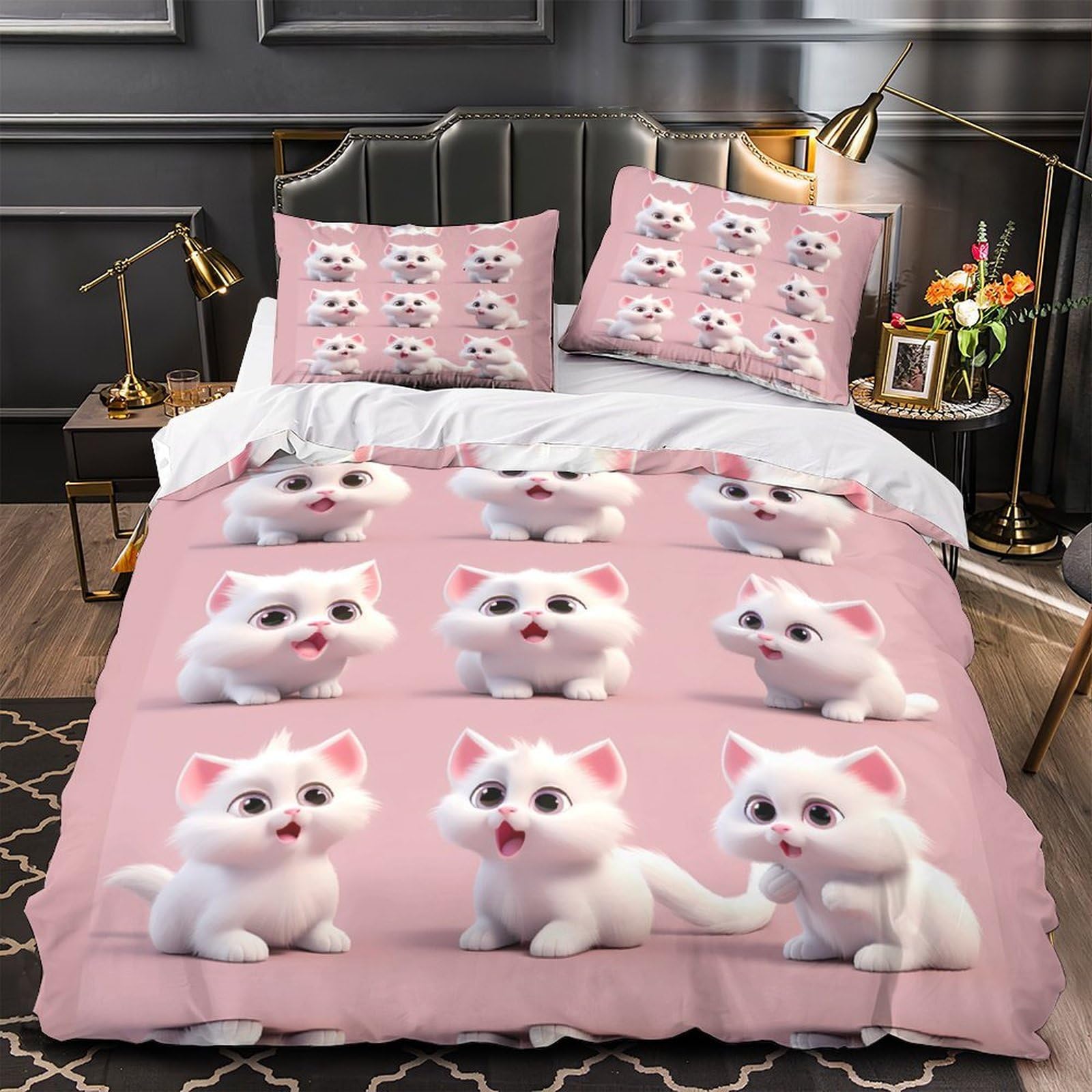 Parure de lit chaton 140x200 pour chambre de fille, linge de lit douillet au motif dessin animé