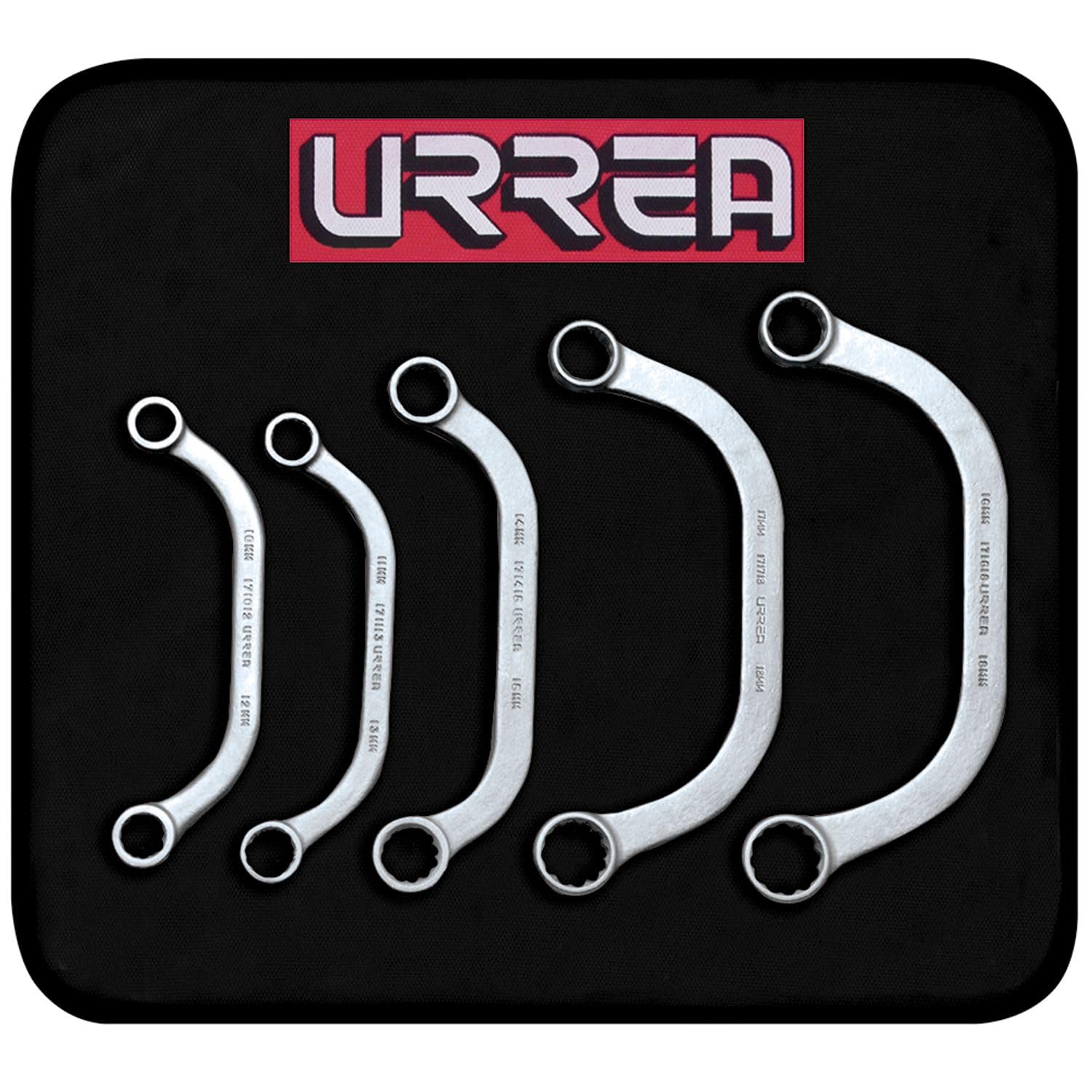 Urrea Box-End Obstruction Wrench Set - 5-Piece (10mm - 18mm) Half-Moon Wrench Kit with Satin Nickel Finish & Roll-up Storage Pouch - 1700CM, Silver