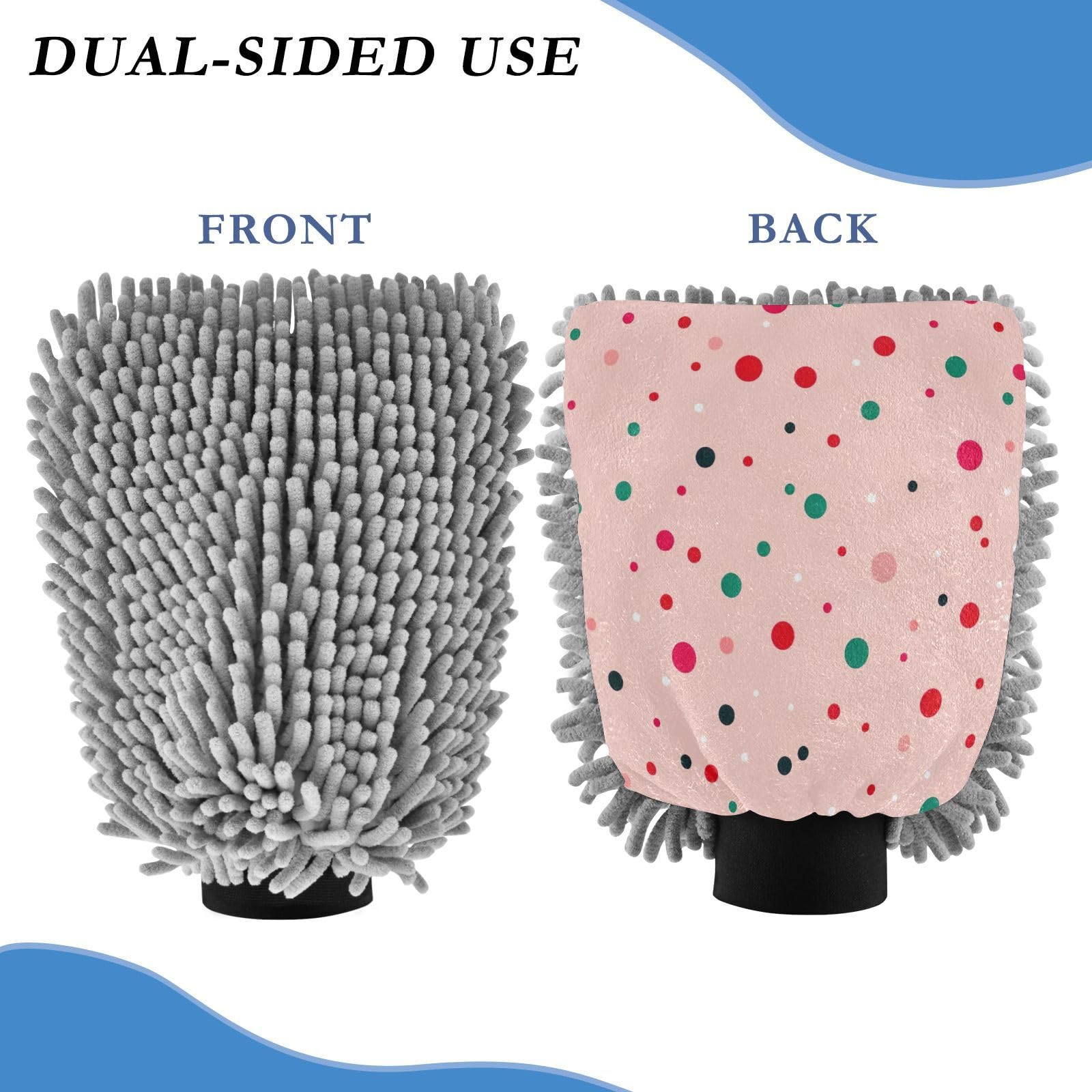 Kigai Cute Colored Dots Car Wash Mitt Microfiber, 2Pcs Scratch Free Lint-Free, Premium Chenille Microfiber Mitt Car Wash Brush-M