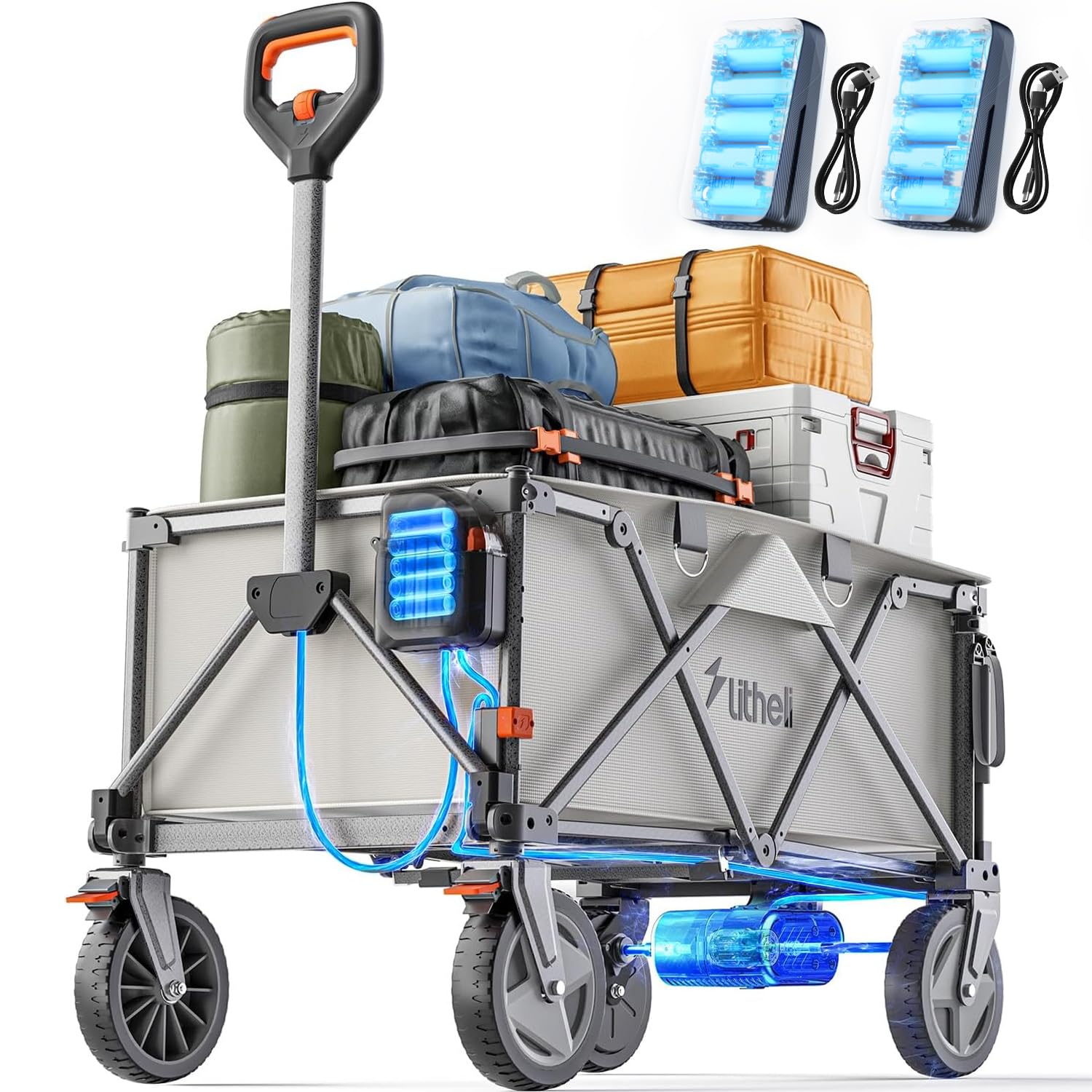Litheli Carretilla eléctrica Plegable, con neumáticos de 20 cm, Capacidad de 200 l, Carga de 60kg, 2 Frenos, Adecuado para Camping, jardín, Compras(Pilas Nuevas)
