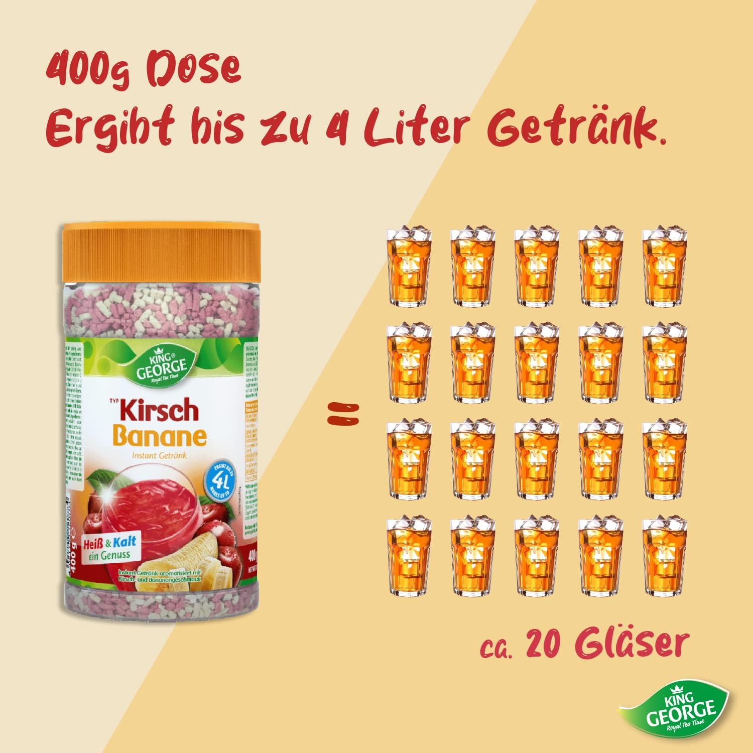 KING GEORGE - Chersch Banan 12 x 400 g – Instant Mrożona herbata napój mieszany z witaminą C – letnia przyjemność – opakowanie korzystne – napoje w proszku, napój orzeźwiający dla rodziny, pracowników