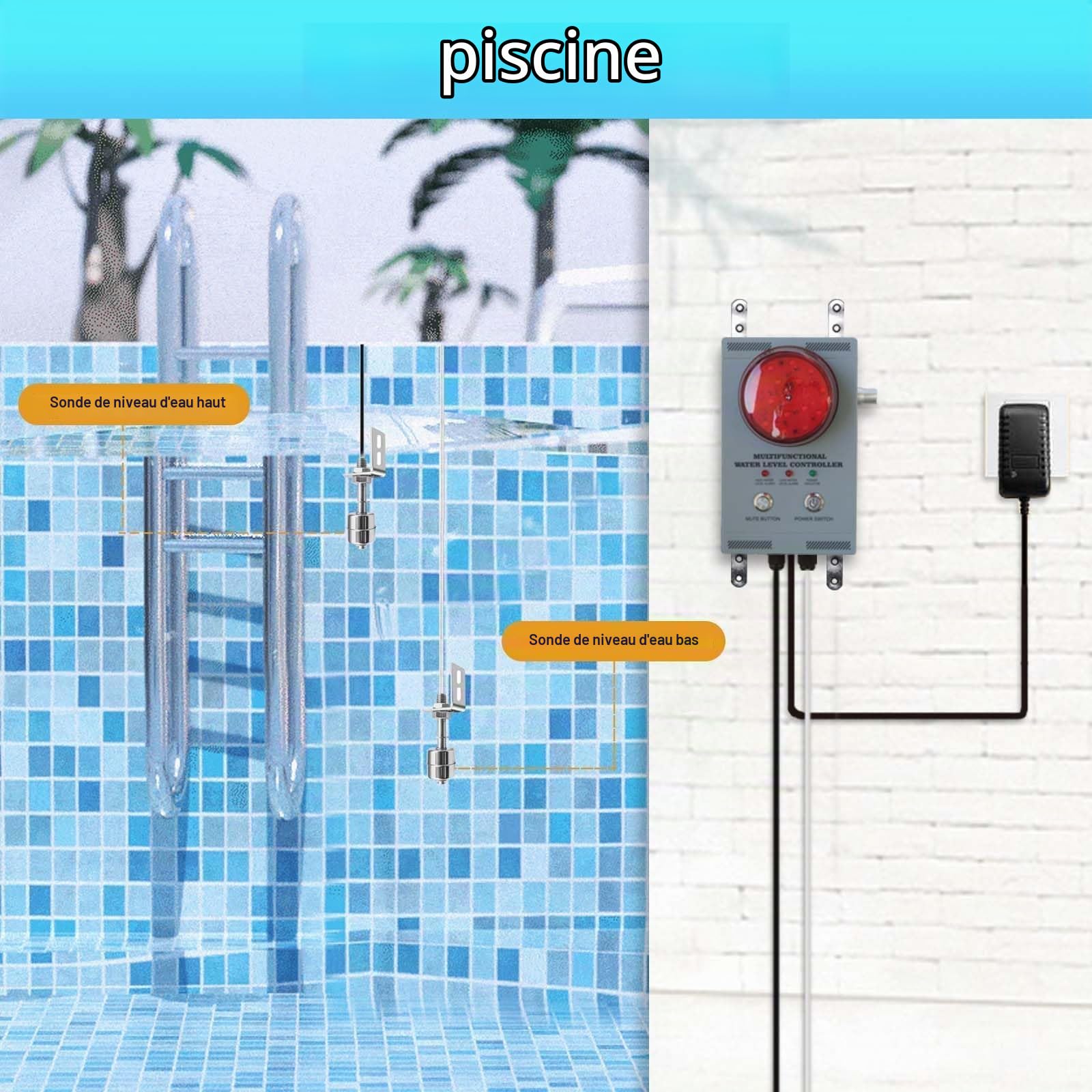 Alarme Niveau d'eau Professionnelle, détecteur Haut/Bas Liquide avec Double sonde, Alarme visuelle/sonore 120dB réglable, câble 10m, Tout métal, Anti-débordement pour cuves/piscines/Cales/puits