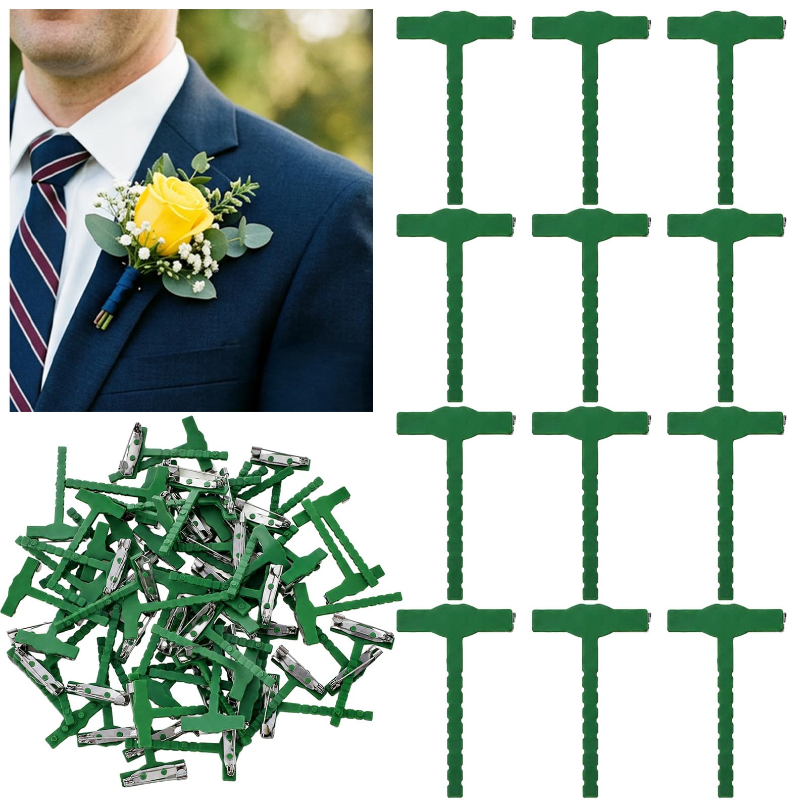 Elegaperma 50Pcs Buttonhole Pins, Green T-Shaped Boutonniere Clip for Bride