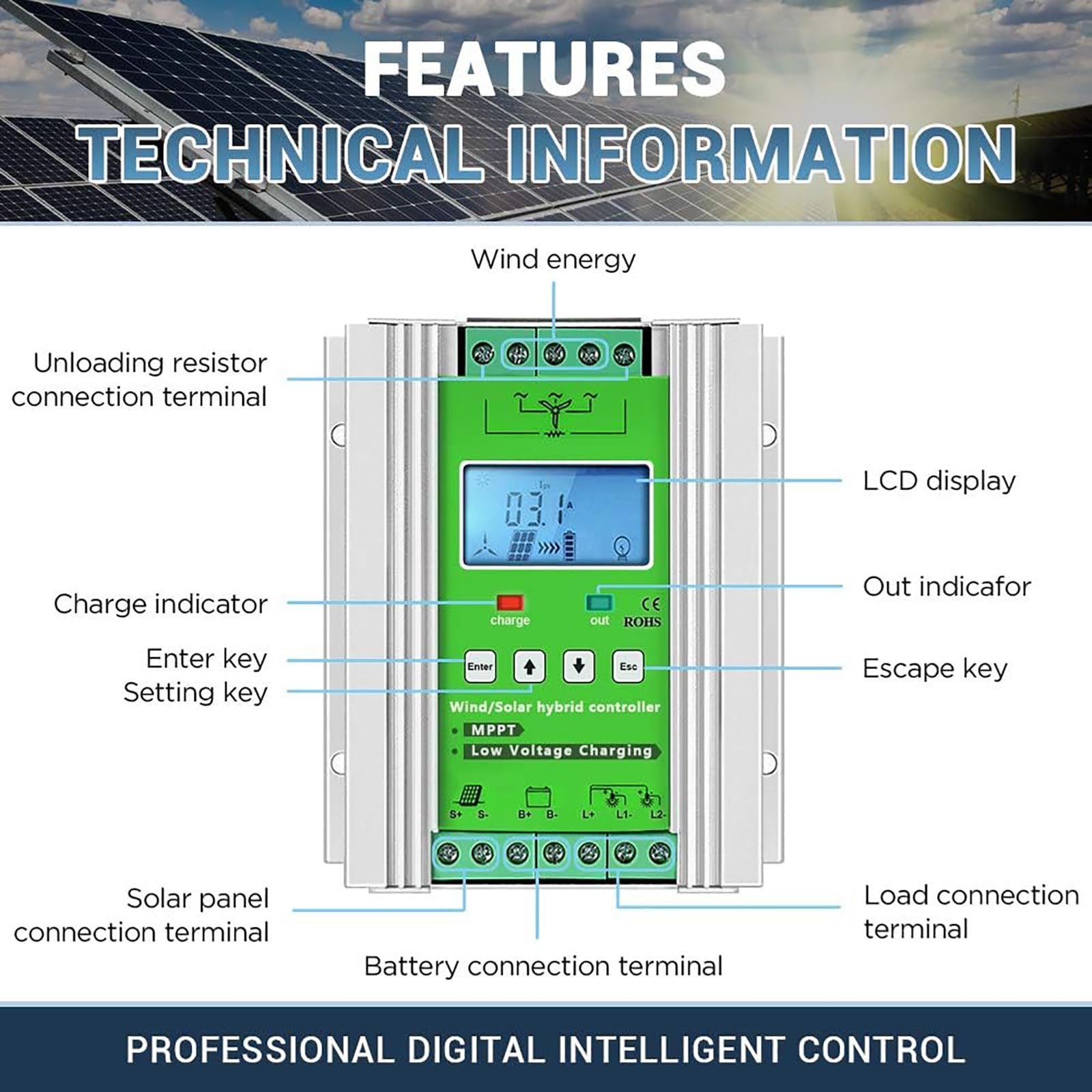 Contrôleur de Charge Hybride Solaire éolien, MPPT, 12V 24V 48V, contrôleur de Charge d'énergie LCD, 6000W Wind 8000W PV Solar, pour éolienne, Panneau Solaire,12V