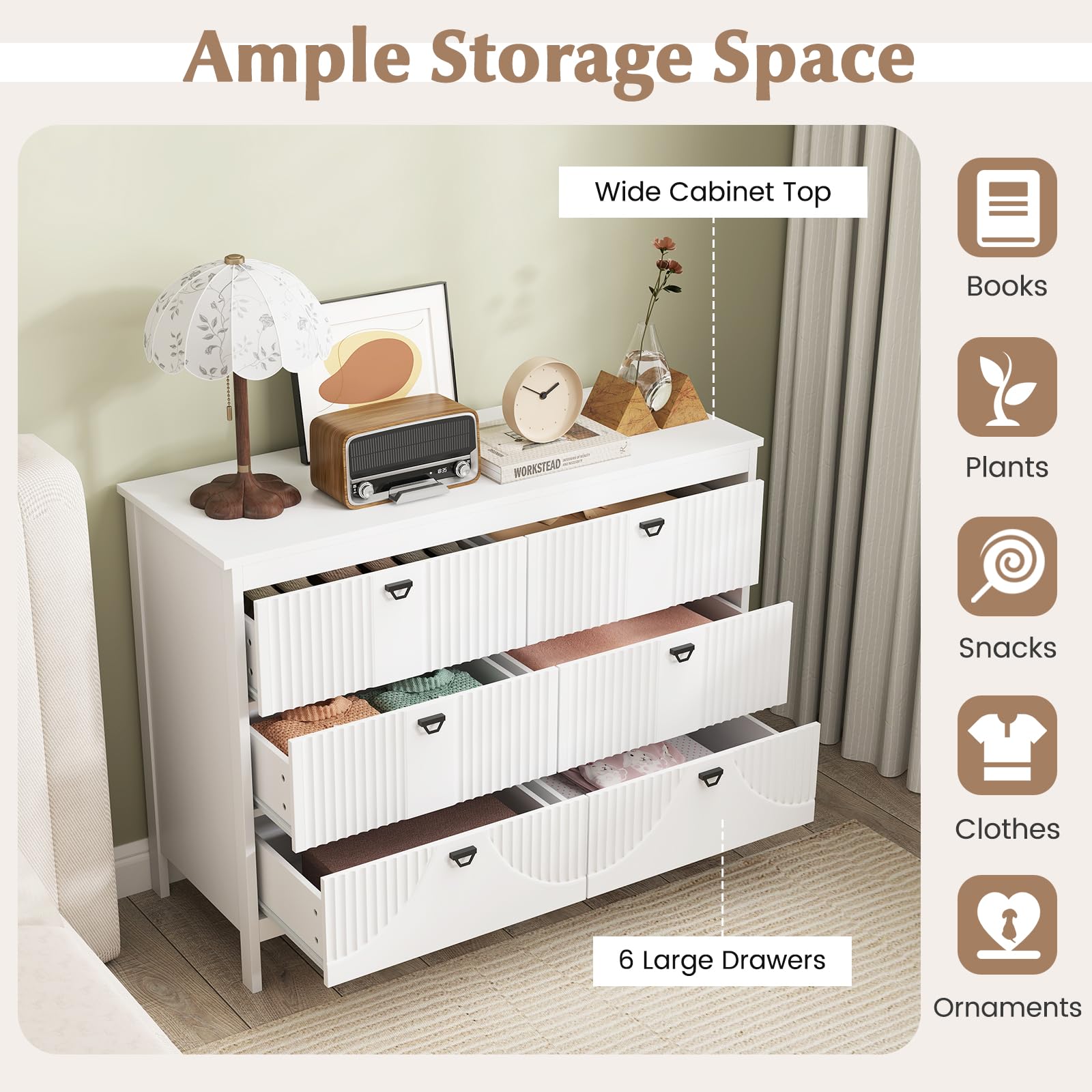 GIANTEX Cassettiera in legno con 6 cassetti, mobile portaoggetti con kit antiribaltamento, 106 x 40 x 79 cm, aspetto elegante, cassettiera per camera da letto, soggiorno, ingresso, bianco