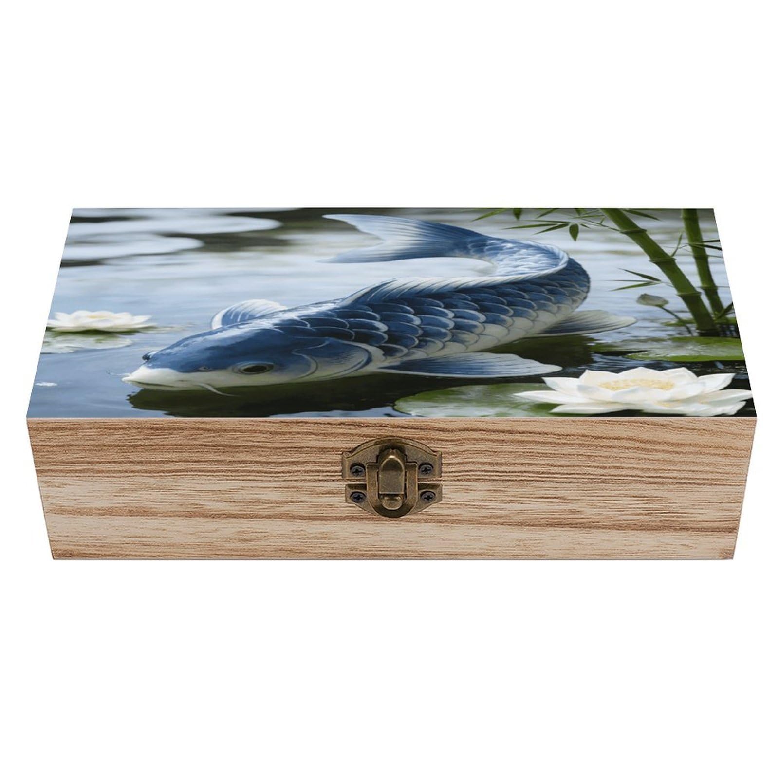 LZQPOEAS Koi Fish Japanese Tattoo Wooden Keepsake Box Wooden Storage Box Container with Hinged Lid Beautiful Wood Memory Box Decorative Jewelry Case for Crafts Art Hobbies & Trinket Storage