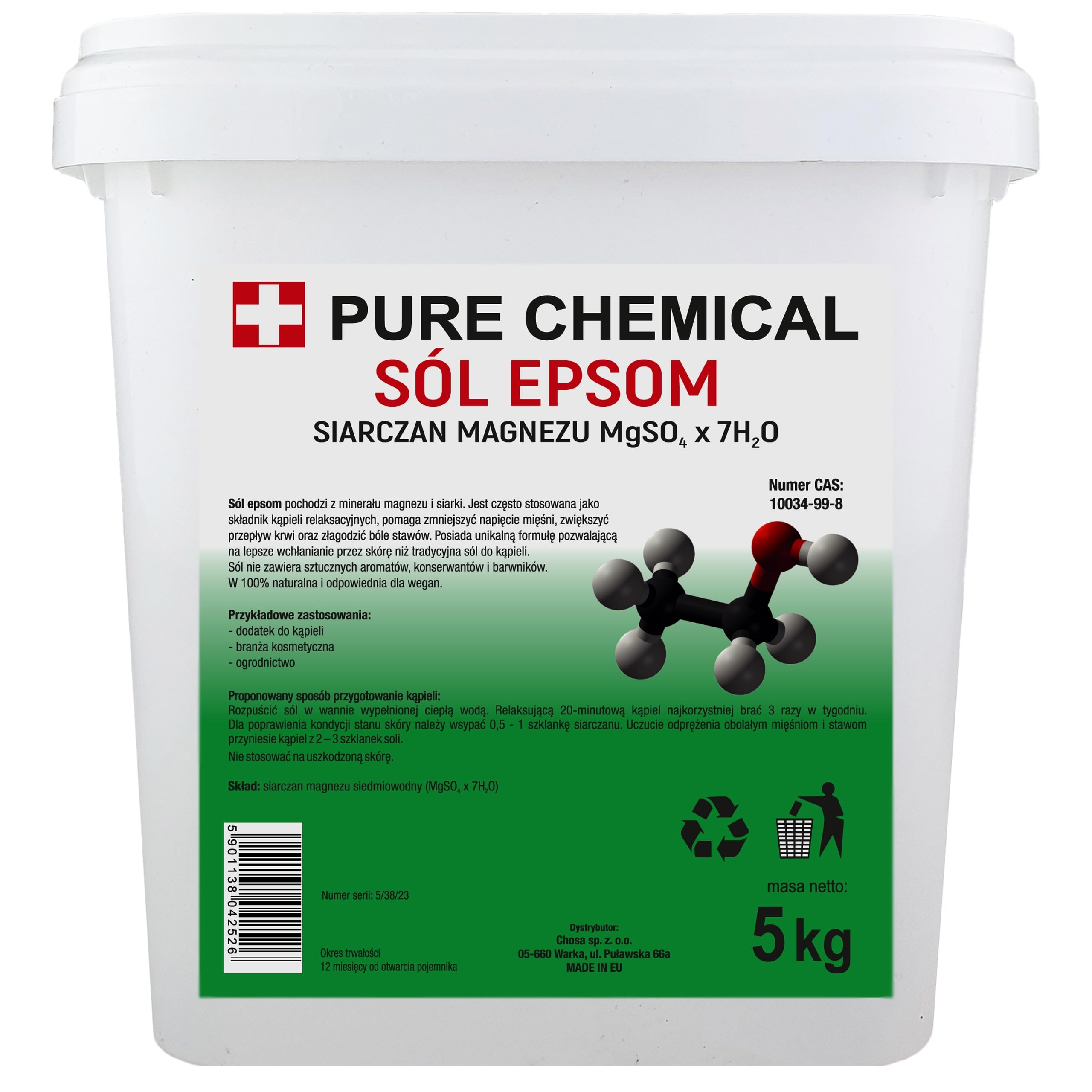 CHOSA Sale di Epsom 5kg - Solfato di Magnesio Naturale per Relax, Corpo e SPA - Cristalli Purissimi per Benessere - Sali per Bagni - Pelle Liscia - Rilassamento Muscolare