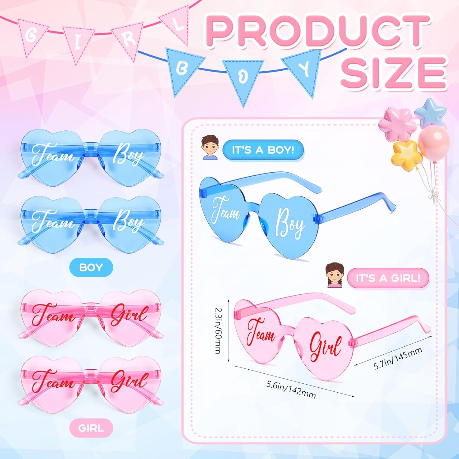 Matcheck 40 Pcs Gender Reveal Glasses Heart Star Shpaed Sunglasses Pink Blue Team Girls/Boy Baby Shower Party Favors