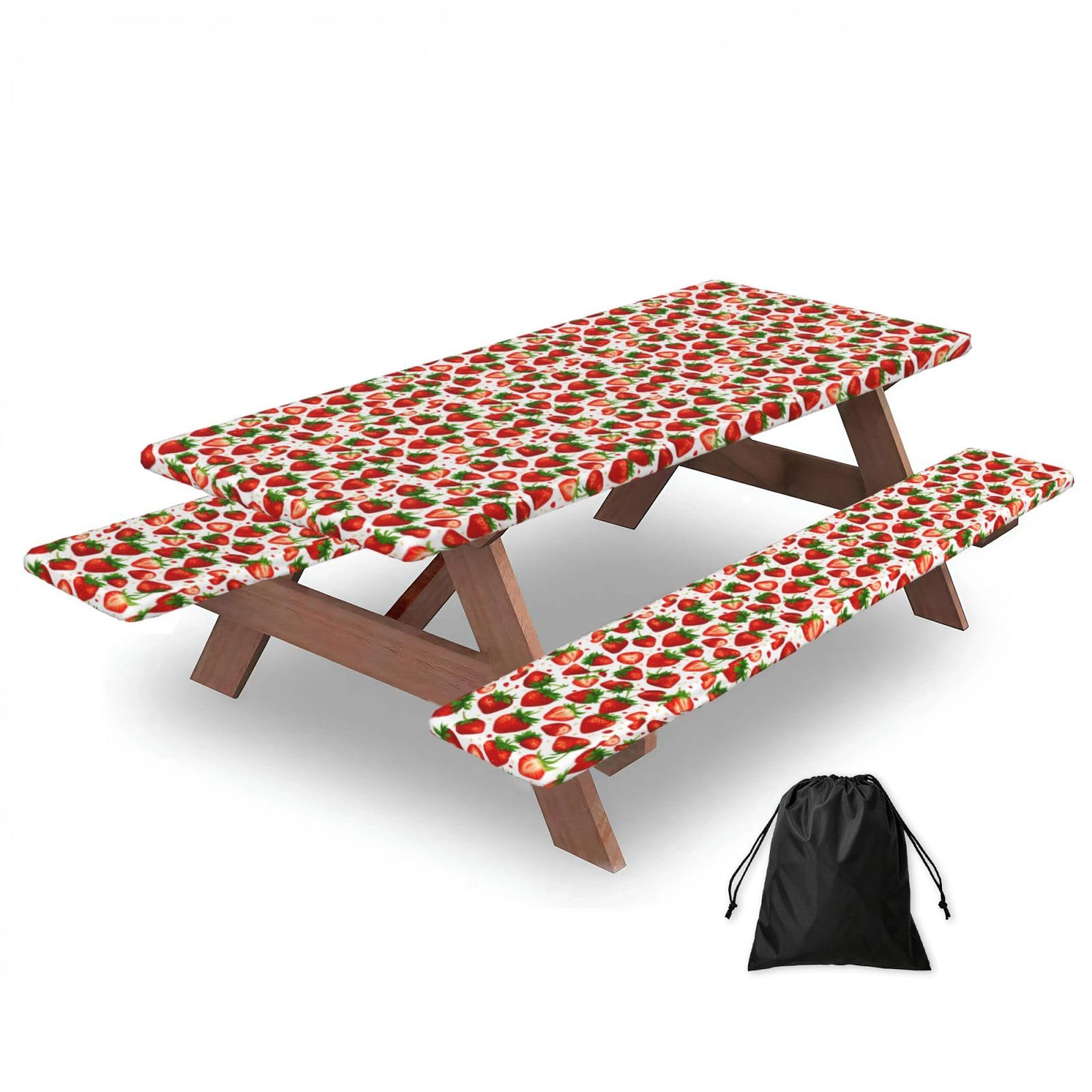 PPHGUT Strawberry Print Picnic Table Bench Cover Set Outdoor Garden Bbq Protector For Family Camping