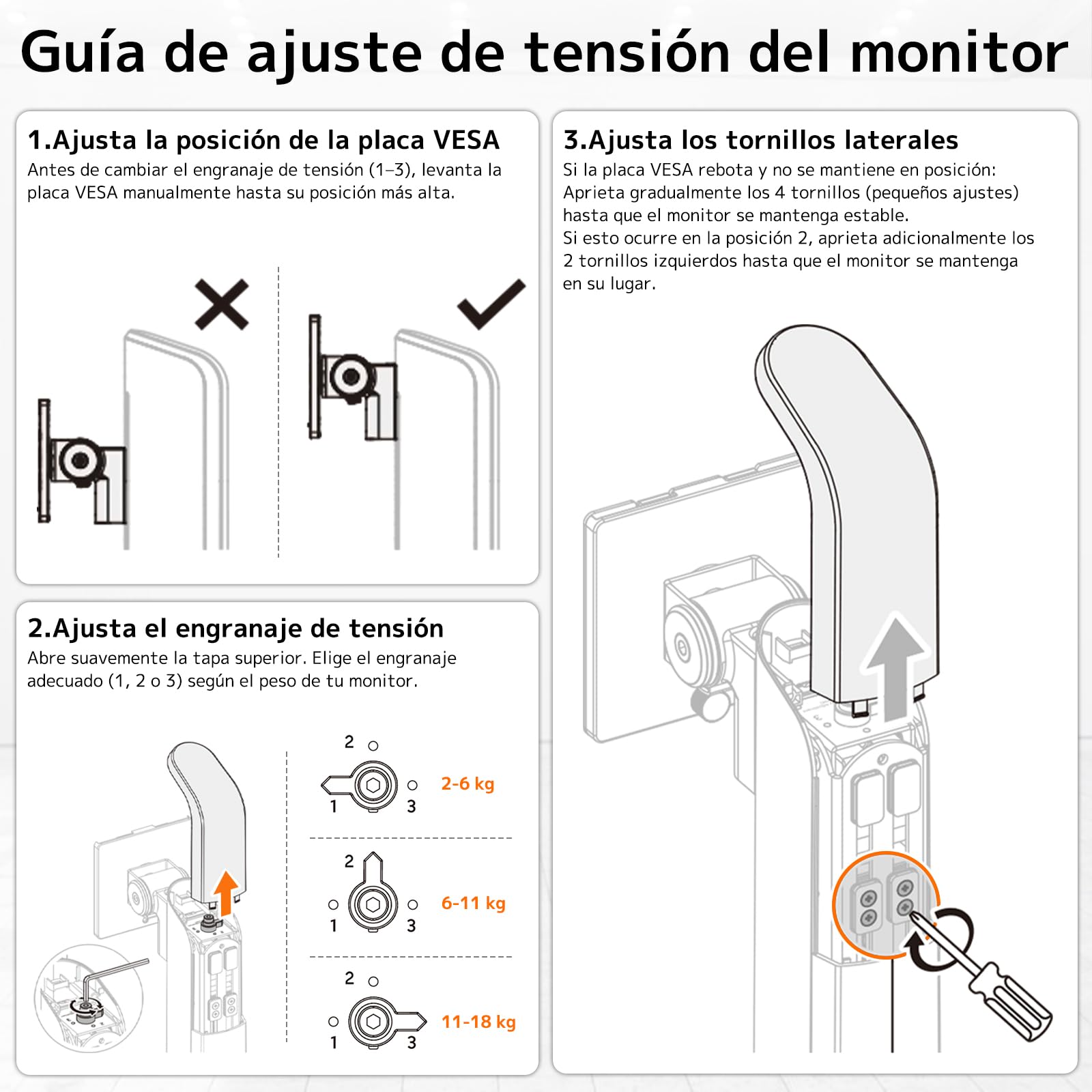 PUTORSEN Soporte de Monitor para Pantallas de 17 a 49 Pulgadas, Soporte de Brazo para un Monitor Soporta 2~18 kg, Ajuste de Altura sin Esfuerzo con inclinación, Giro y rotación, VESA 75/100 mm