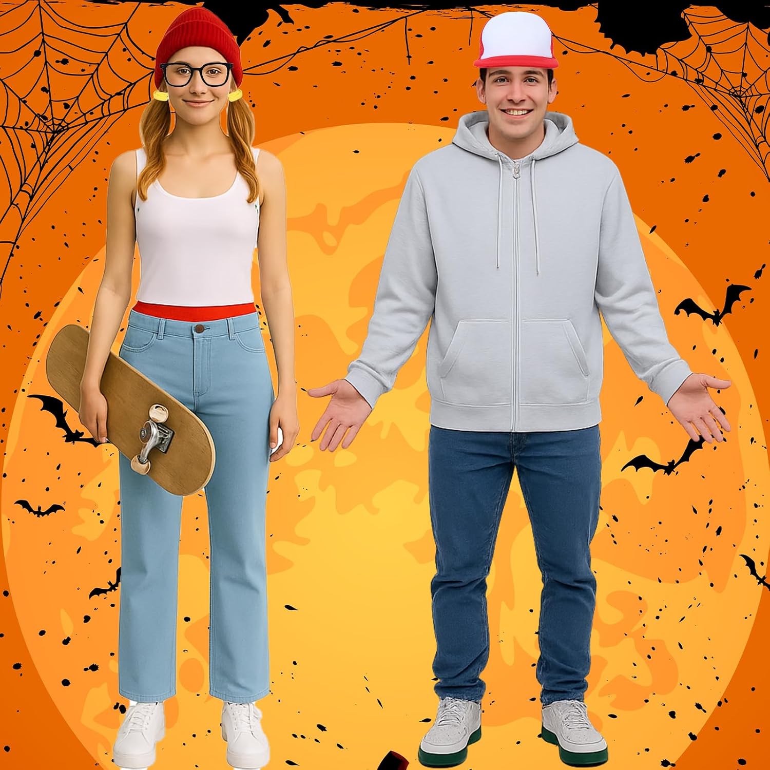 Mepase 5 Pcs Halloween Subway Parkour Couple Costume Hoodie Trucker Hat Beanie Glasses Hair Tie for Halloween Cosplay Party