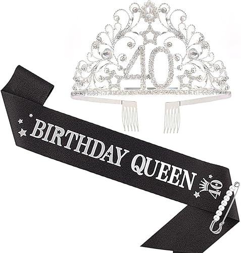 BRT Bearingshui Banda y tiara de cumpleaños número 40 para mujer, banda de reina para suministros de fiesta de cumpleaños 40