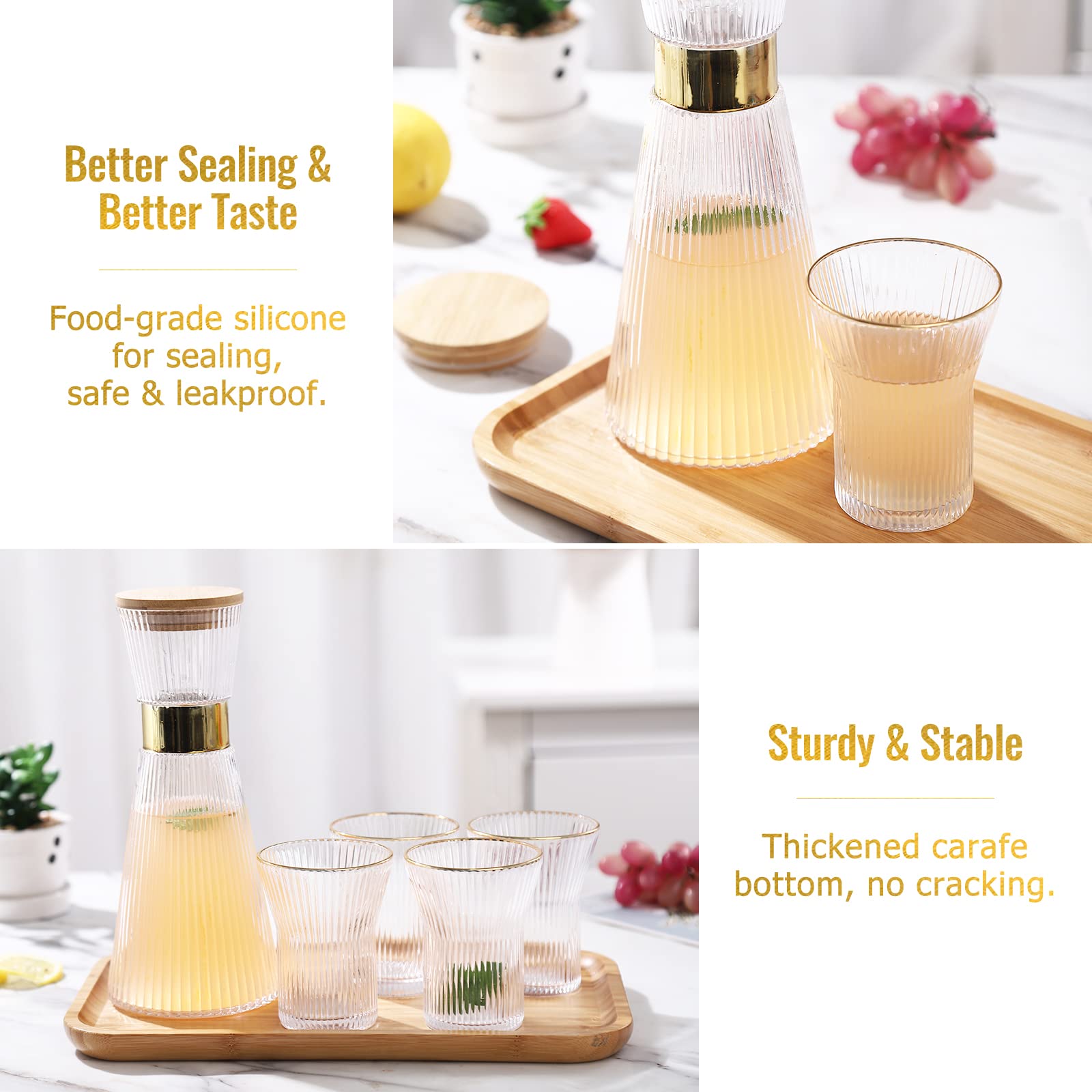 DUJUST Juego de jarra de cristal, elegante jarra de agua con decoración dorada, 1 jarra con tapa (1L), 4 tazas y 1 bandeja, fondo grueso, silicona de grado alimenticio,prueba de fugas