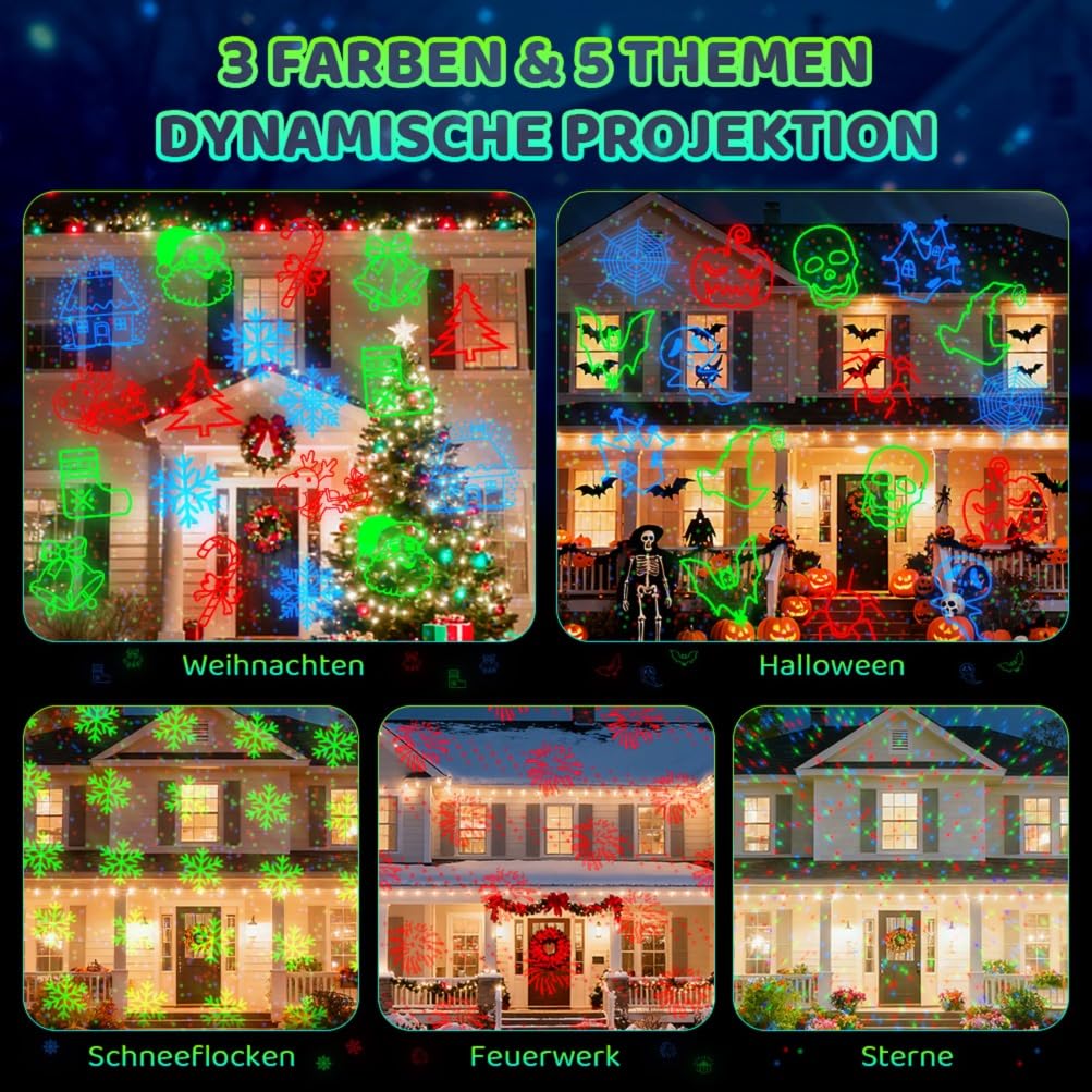 OUSFOT Projektor Weihnachten Aussen Rot Grün Blau, 5 Projektionskarten | Laser Projektor mit Fernbedienungs und Timerfunktion,Halloween, Weihnachten, Party, Laserpunkt