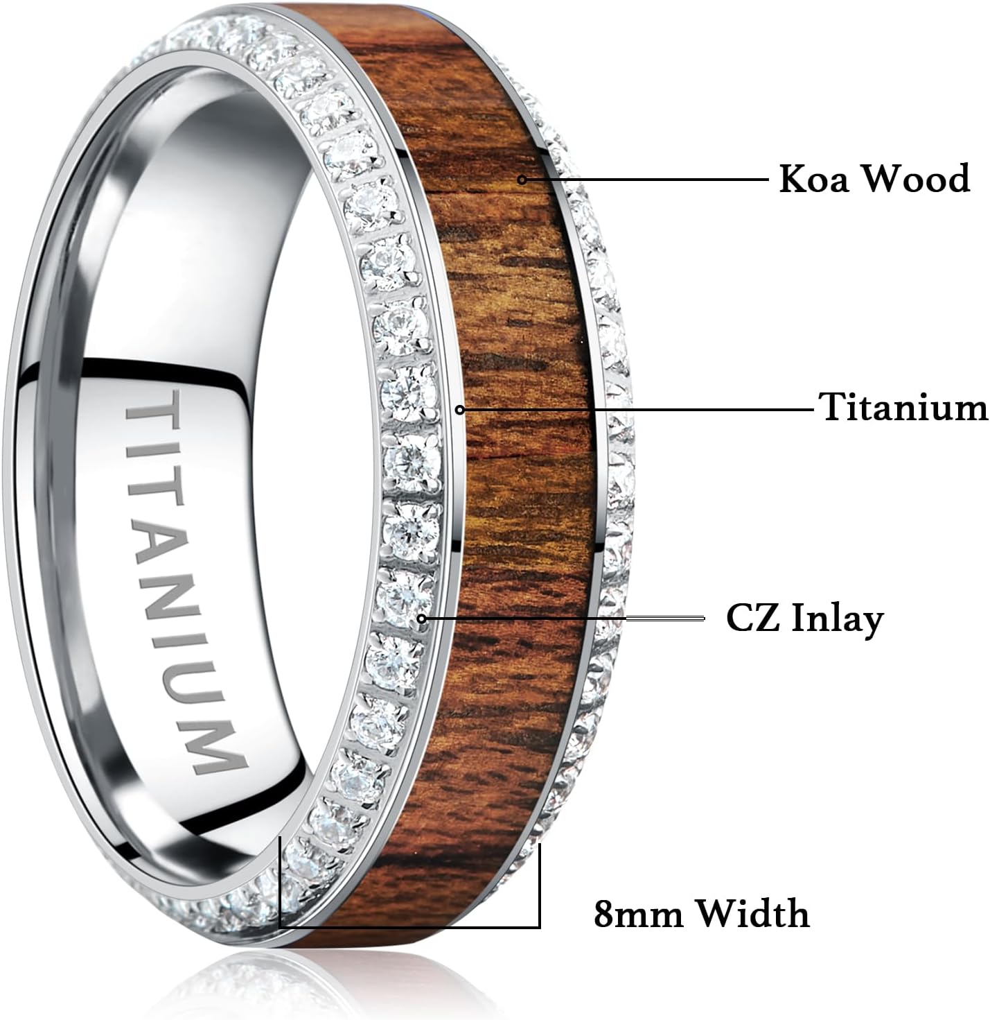 Engraved Personalized Titanium Wedding Rings for Men Cubic Zirconia Inlay Hawaiian Koa Wood Engagement Ring Eternity Band High Polished Band Comfort Fit Size 7-12 - Image 6