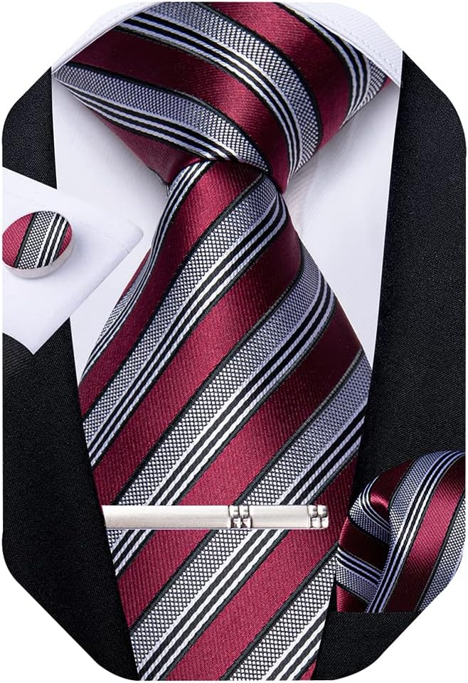 DiBanGu Mens Striped Tie Silk Woven Necktie and Pocket Square Cufflinks Tie Clip Set Wedding Business Formal Gift Tie for Men