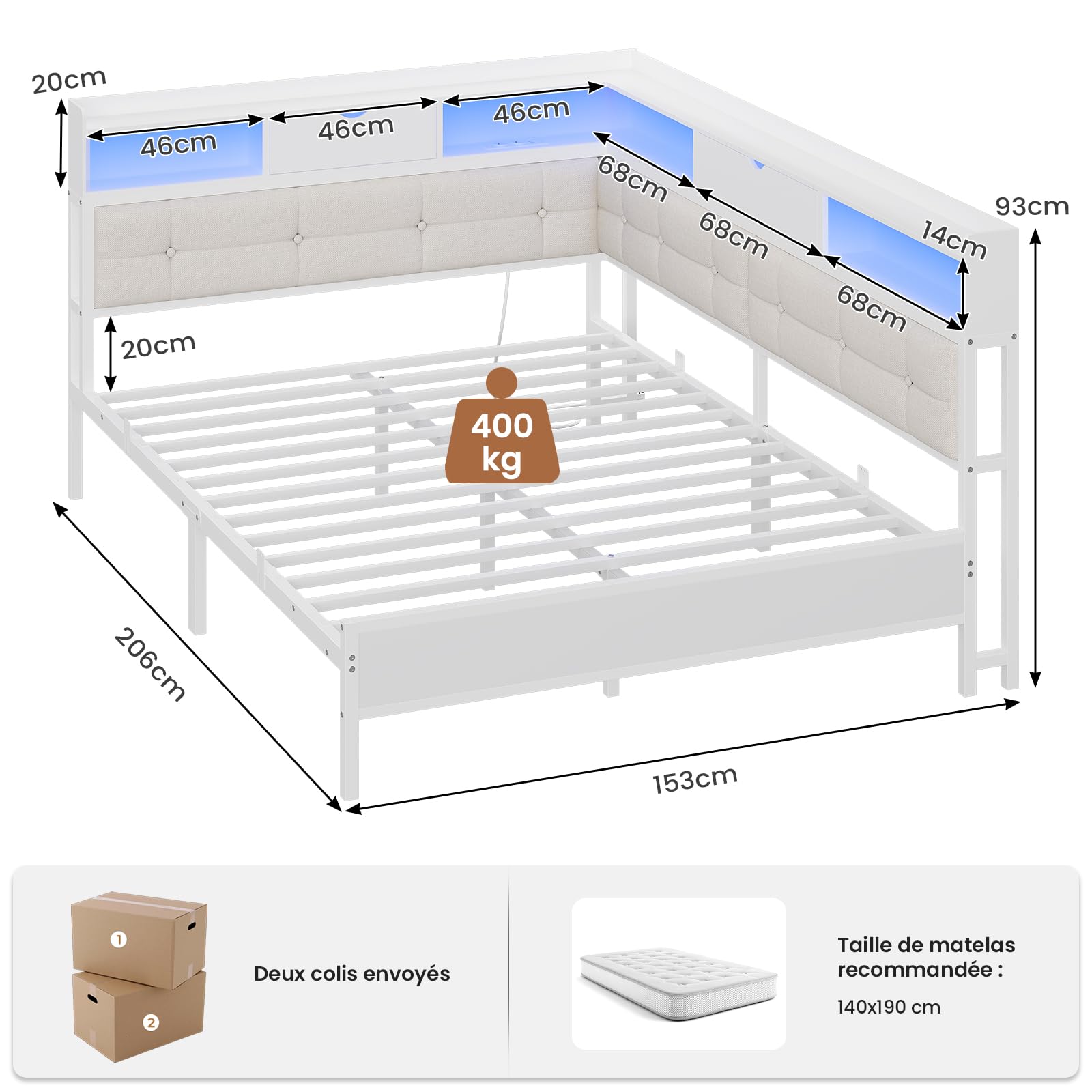 AOGLLATI Canapé-lit 140x190 avec Multiprise et Éclairage LED Réglable, Canapé-lit Convertible Capitonné avec 6 Compartiments et 24 cm d’Espace sous Lit (Beige, 140x190cm)