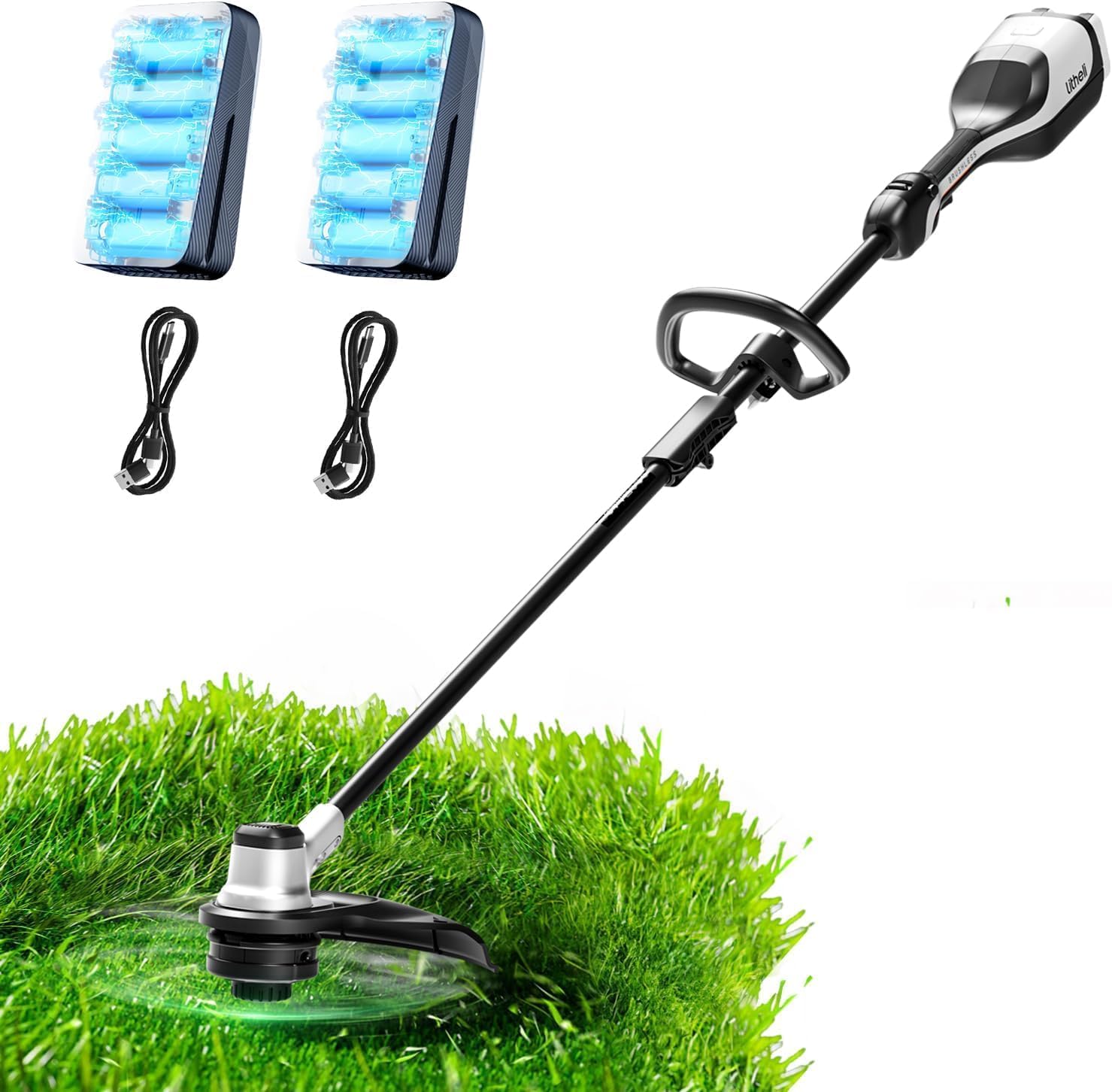Litheli Cortadora de césped inalámbrica, 35 cm, alimentada por batería, sin escobillas, 2 x 20 V con 2 baterías de 2.0 Ah, alimentación de doble línea para cortacésped y cuidado del césped