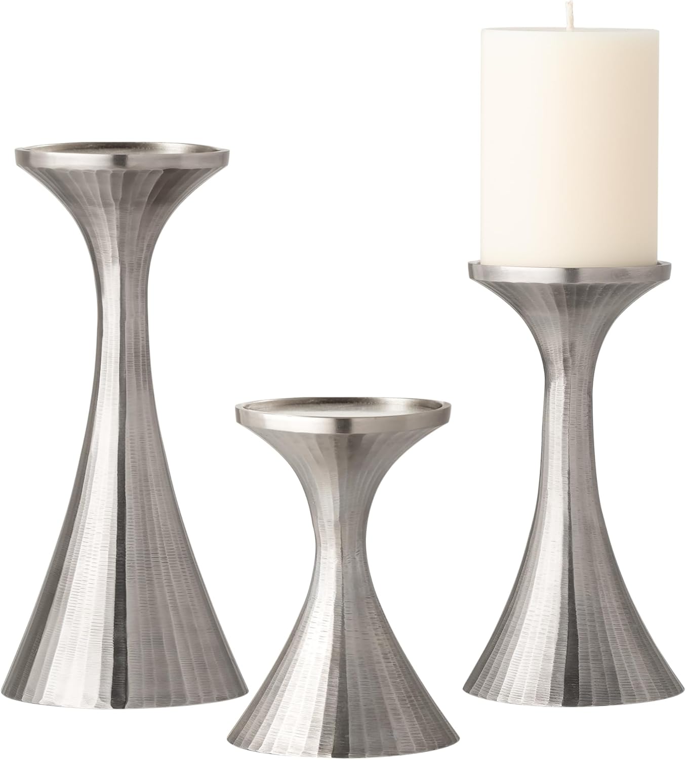 Torre & Tagus Tomar Metal Pillar Candle Holder Set of 3 Silver Aluminum Candleholders in as Mantle Decor for Living Room, Table Decor for Dining Table, Modern Kitchen Decor, Wedding Decoration