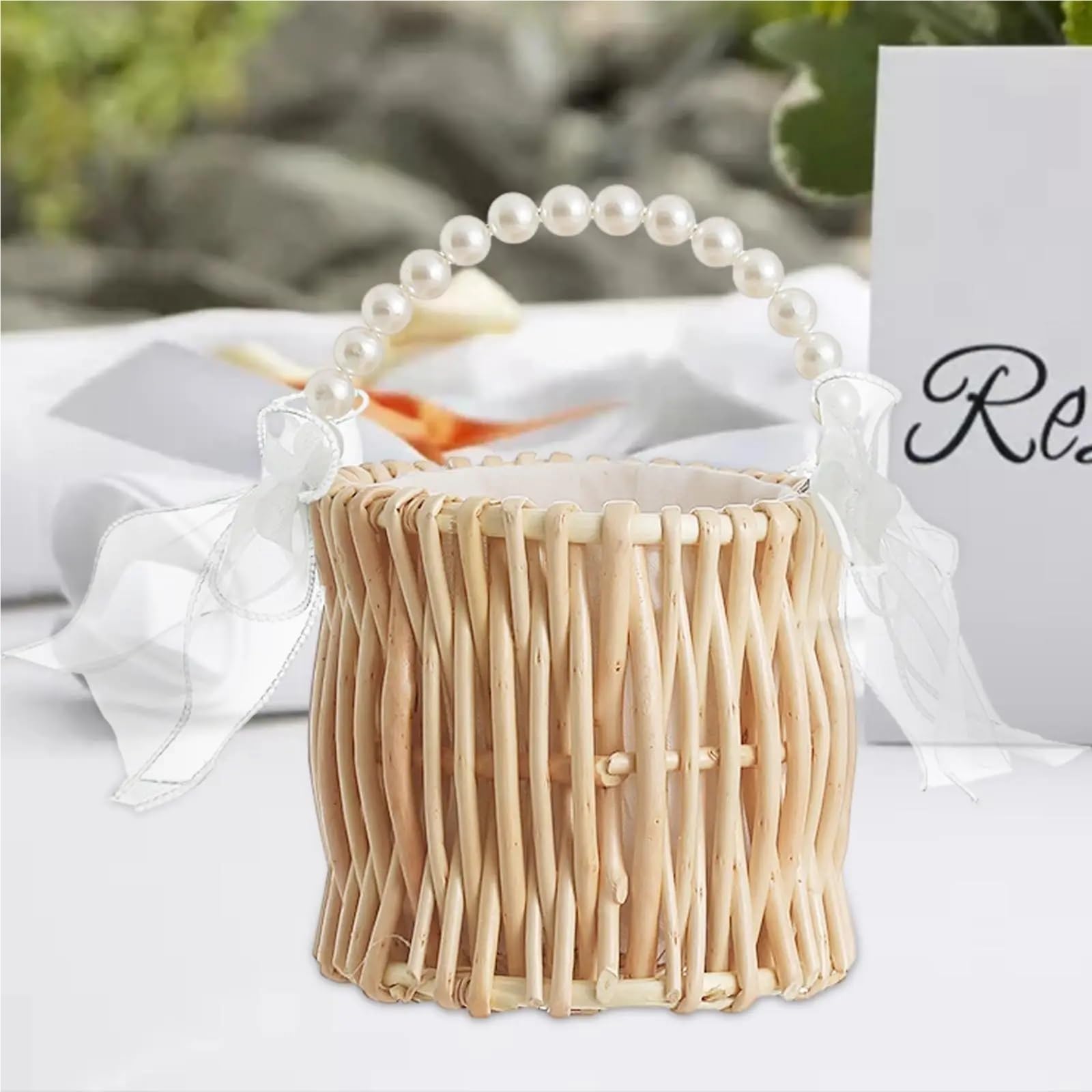 Hochzeit Blumenkorb Hochzeits-Blumenmädchen-Korb, Aufbewahrungskorb, Leichter romantischer Rattan-Korb mit Perlengriff for Hinterhof-Festivals FüR Hochzeit