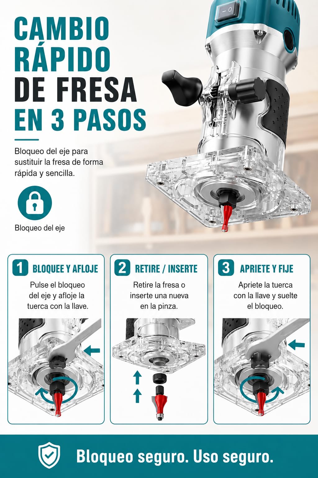 VOBOR Fresadora de Madera Rebajadora Eléctrica, 800W 30000 RPM Fresadora de Mano con 6 Velocidades Variables, 15 piezas 1/4'' Alicates, Pinza De Base Fija De 6/6.35MM