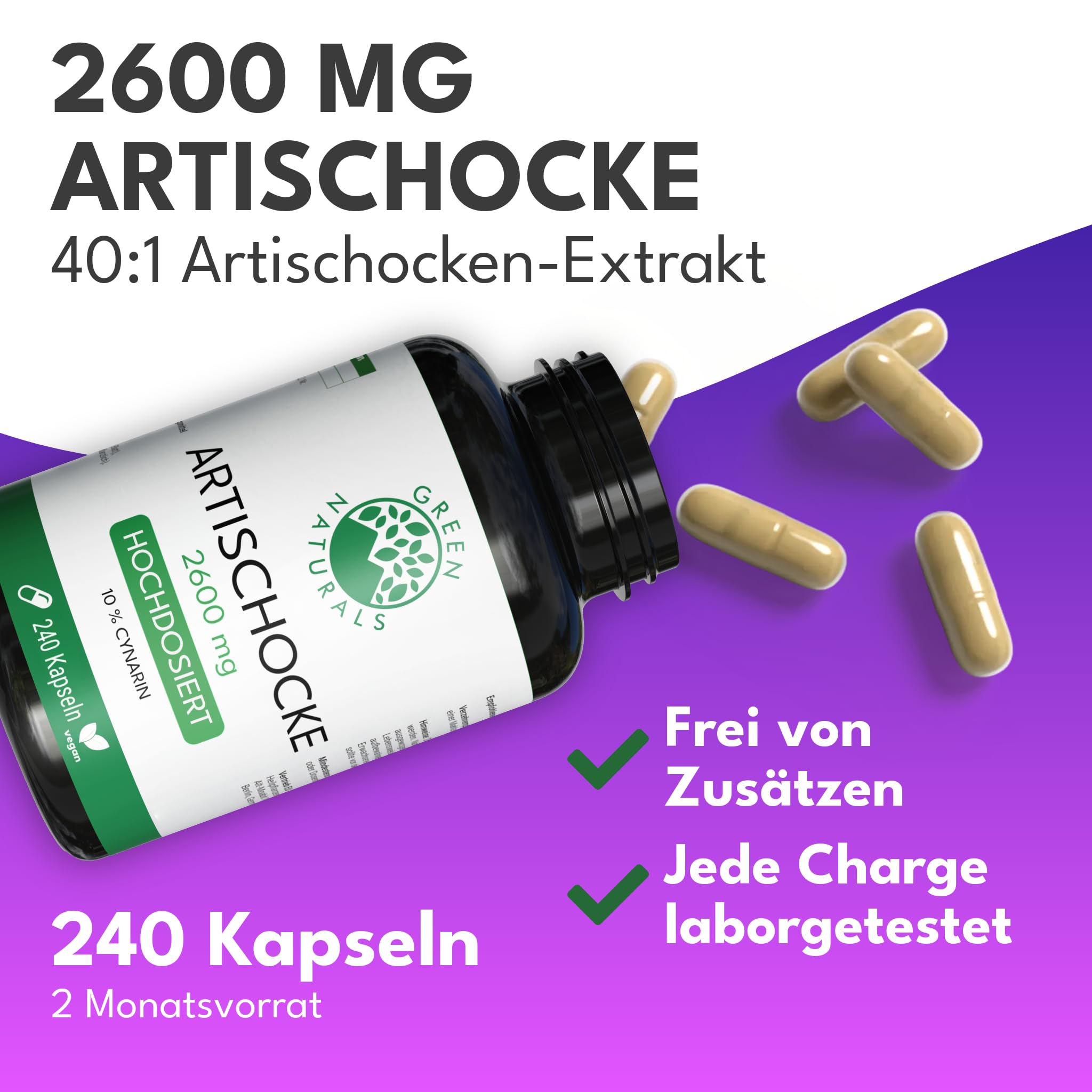 Green Naturals Artischocke – Hochdosiert: 2.600 mg Extrakt – 240 Kapseln | 40:1 pro Tagesdosis · Entspricht 104.000 mg Artischocke · 260 mg Cynarin · 2-Monatsvorrat