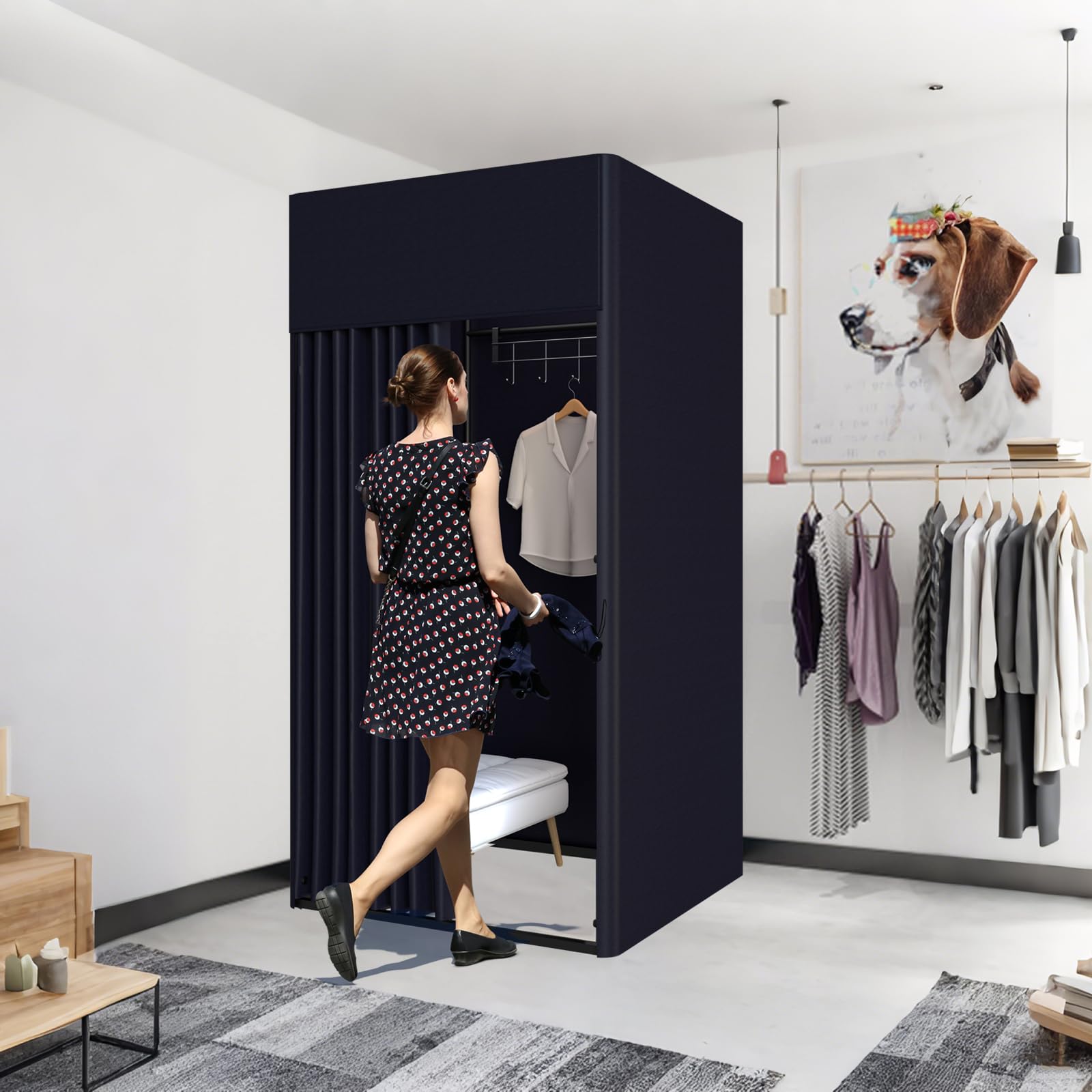 Tragbare Bewegliche Umkleidekabine, Bodenstehend & Quadratisch mit Verdunkelungsvorhang – Sichtschutz Trennwand für Bekleidungsgeschäft, Büro und Einkaufszentrum