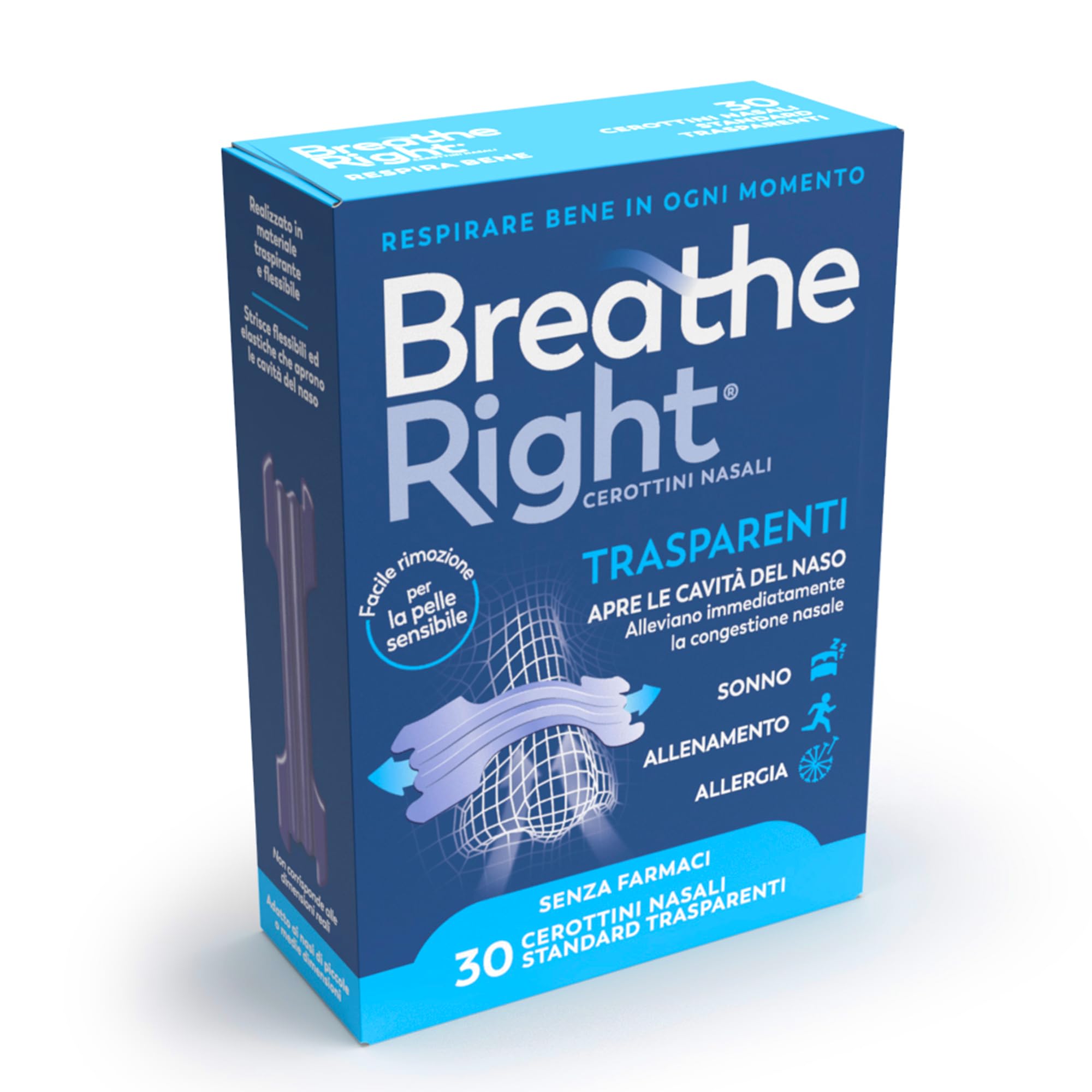 Breathe Right Cerottini Nasali Trasparenti - Strisce Nasali Invisibili per Respirazione Libera, Sollievo da Naso Chiuso & Russamento - Anche Per Pelli Sensibili - Confezione da 30 Pezzi