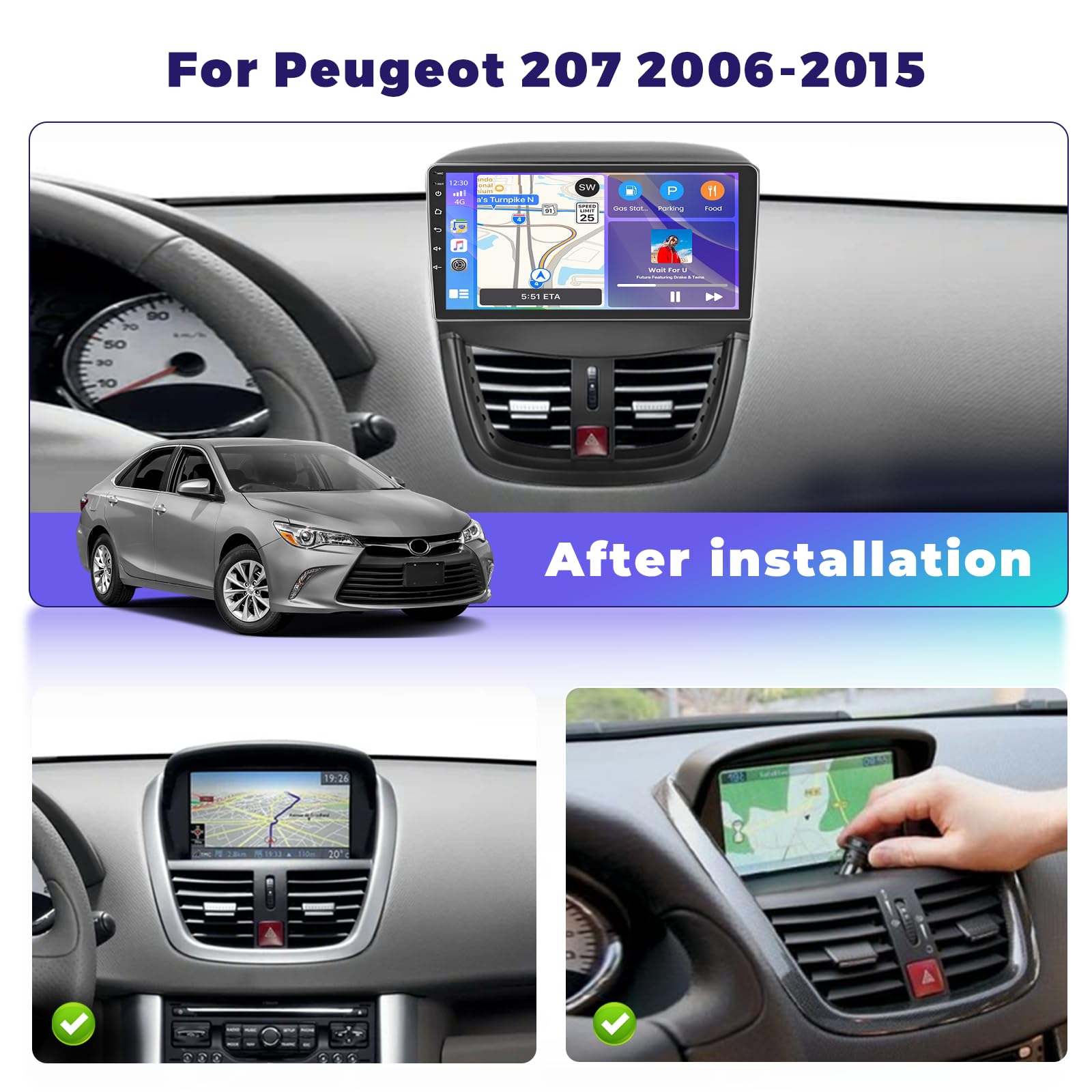 Hikity 8 Core 4+64GB Android 15 Autoradio Wireless Carplay pour Peugeot 207 2006-2015 Tactile Écran 9 Pouces Bluetooth Poste Radio Voiture avec GPS WiFi EQ DSP Android Auto RDS FM Canbus