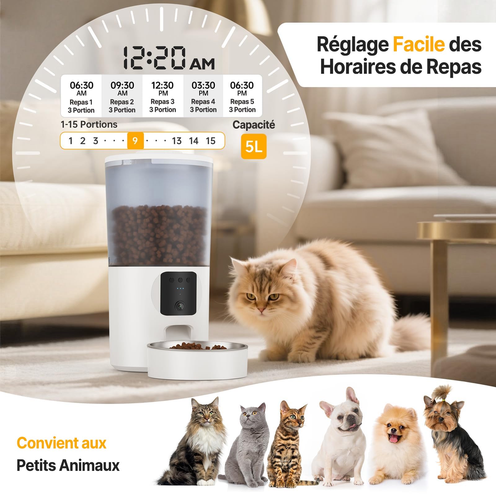 Distributeur Croquettes Chat Automatique, WiFi Caméra, Bol Inoxydable, Programmable & Portionnée, Batterie de Secour - PF5 Noir - Deux Gamelles 2K DIY Zone d’Alerte