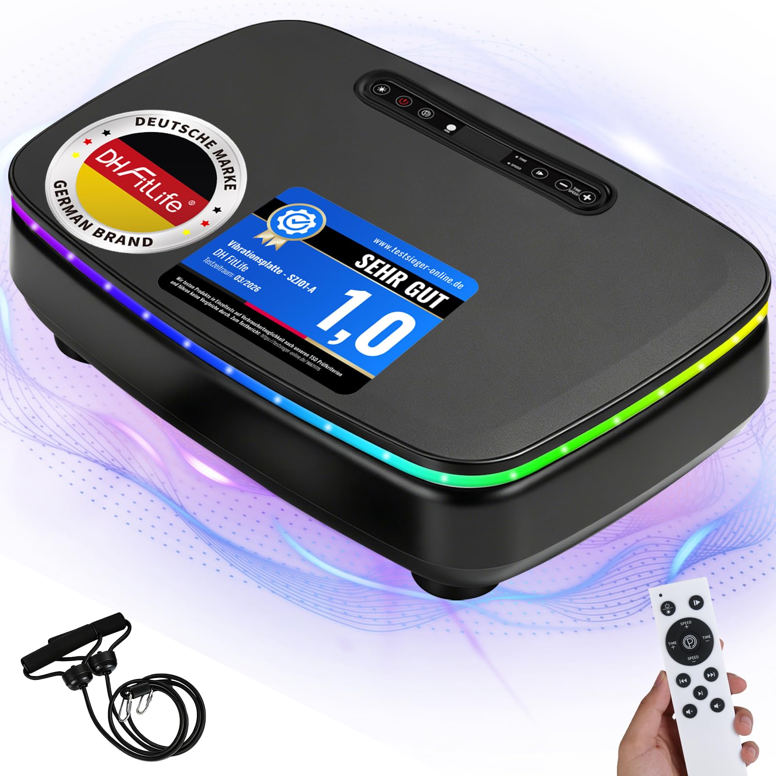 DH FitLife Vibrationsplatte für Zuhause | Rüttelplatte 0–99 Stufen mit Timer | 9 Auto-Programme | leise Schwingplatte mit Saugnäpfen | Stimmungslicht & Bluetooth Sprecher | inkl. Zugbänder | 150kg