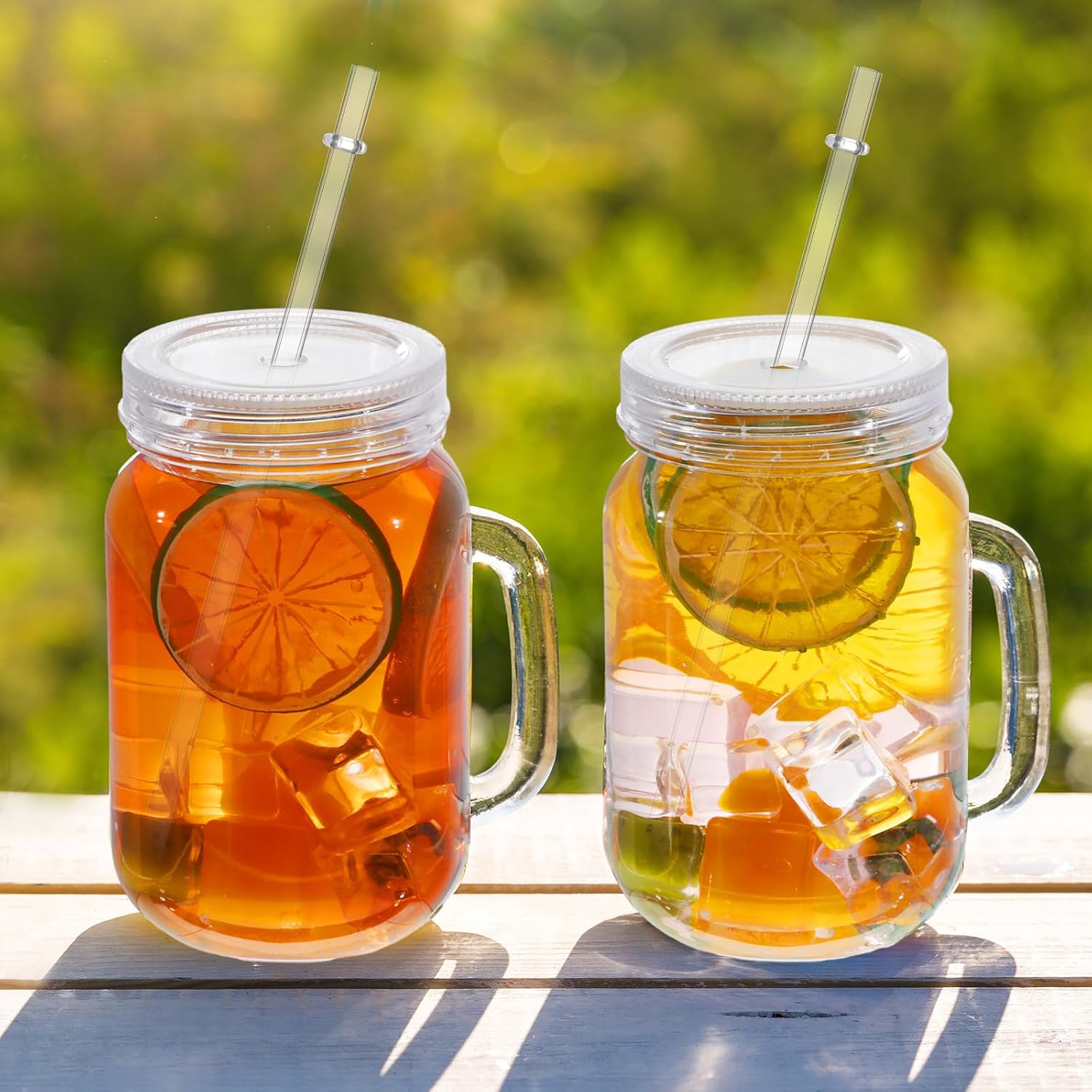 Vesici 30 Pcs 16 oz Clear Plastic Mason Jars Bulk with Handles Wide Mouth Drinking Mug with Lids and Straws Shatterproof Drinking Jars for Coffee Milk Tea and Beverages(Clear)
