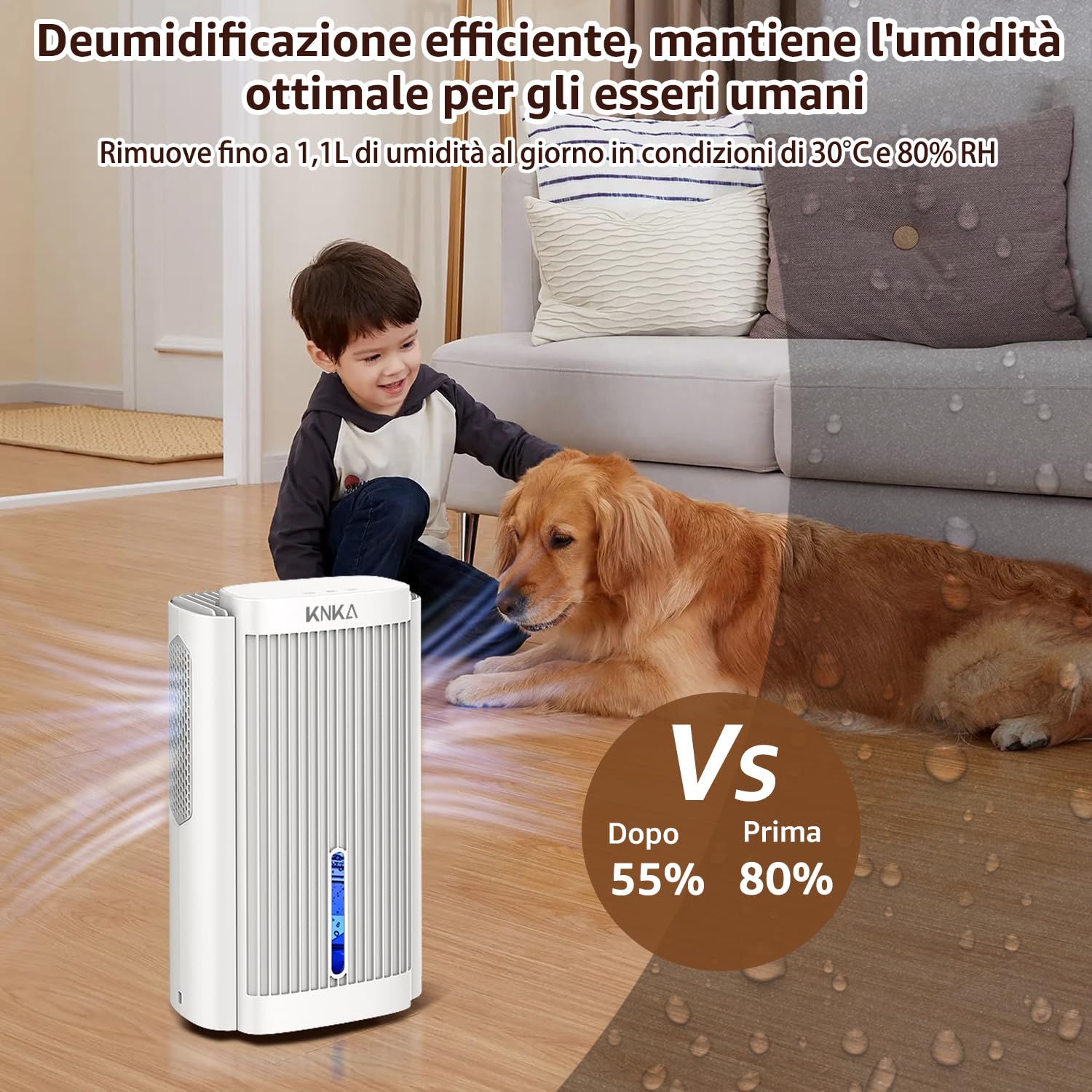 KNKA Deumidificatore, 1,1 l/g, Deumidificatore Casa, Rumore <28 dB, Deumidificatori per ambienti fino a 17 m² come bagno, armadio o camera da letto, Spegnimento automatico e sbrinamento, Bianco